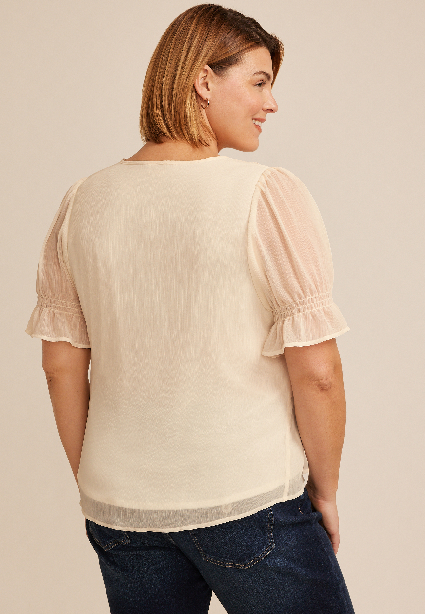Plus Size Ruffle Pleated V Neck Blouse, C596, large