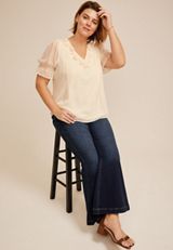 Plus Size Ruffle Pleated V Neck Blouse, C596, small