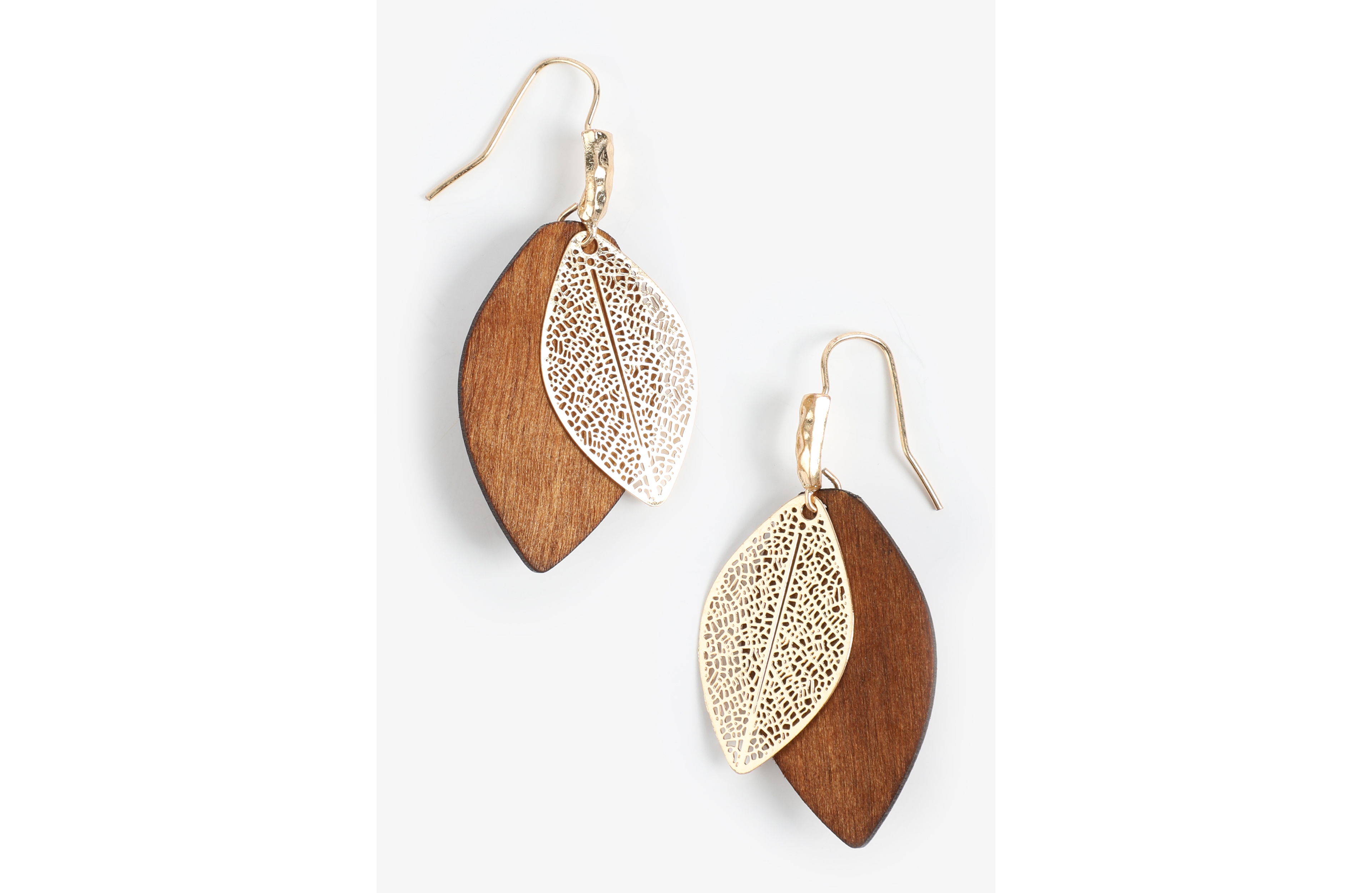 Gold Filigree And Wood Drop Earrings