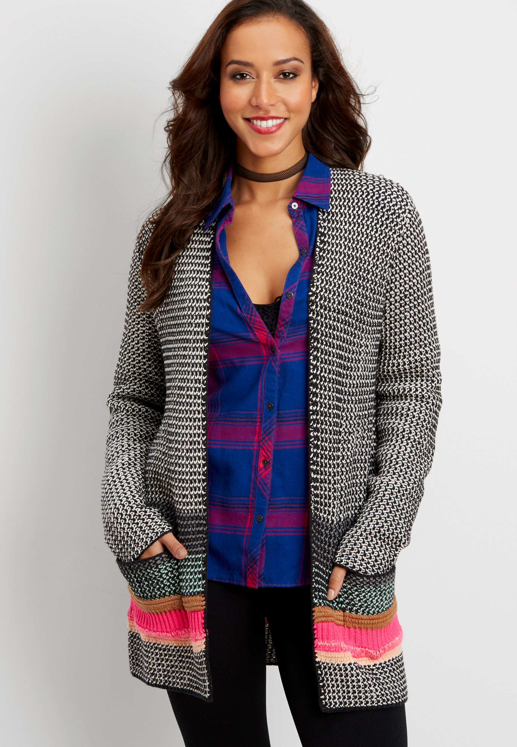 two tone thick knit cardigan with colored stripes | maurices
