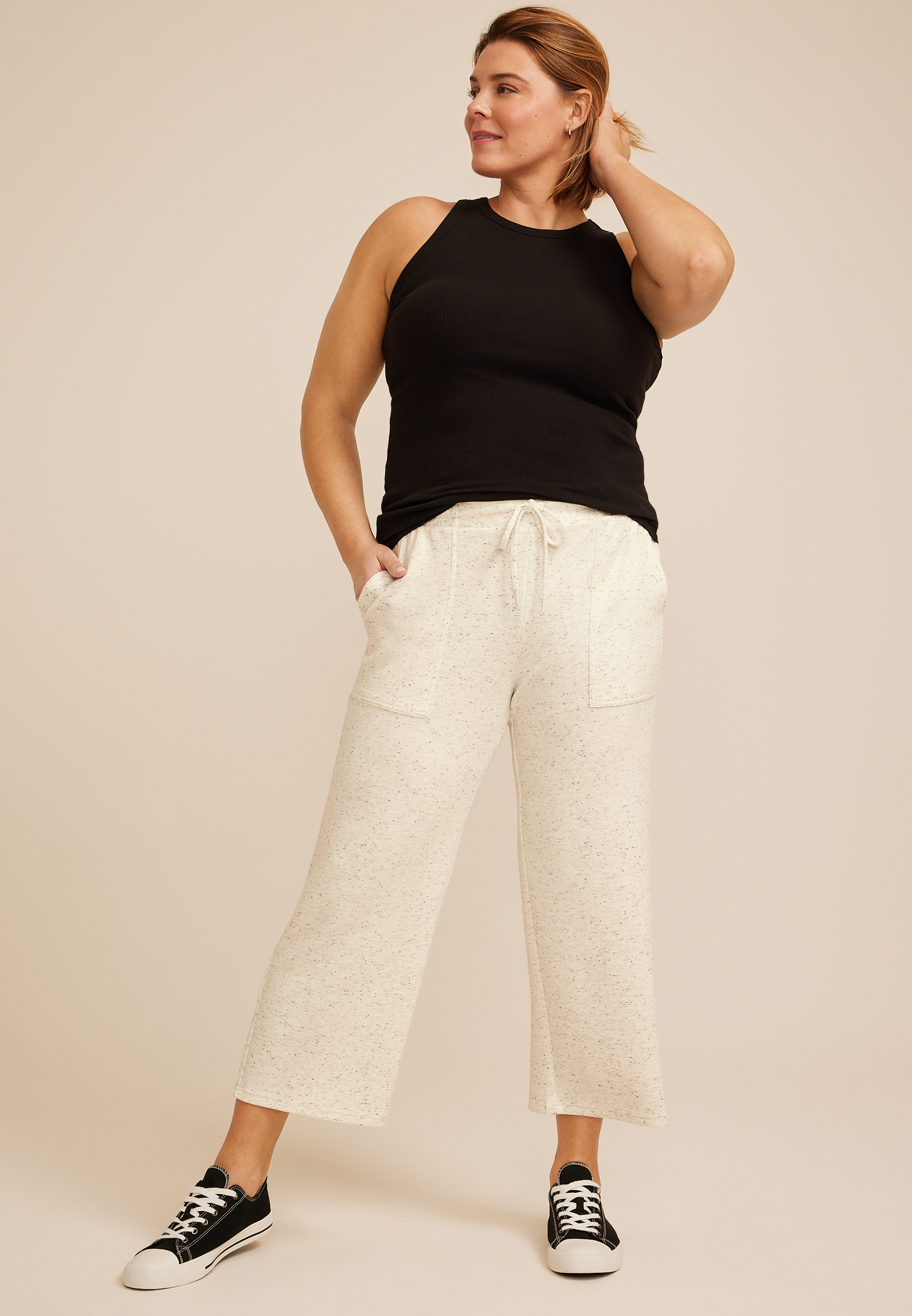 Plus Size Speckle Scuba Knit High Rise Wide Leg Cropped Pant