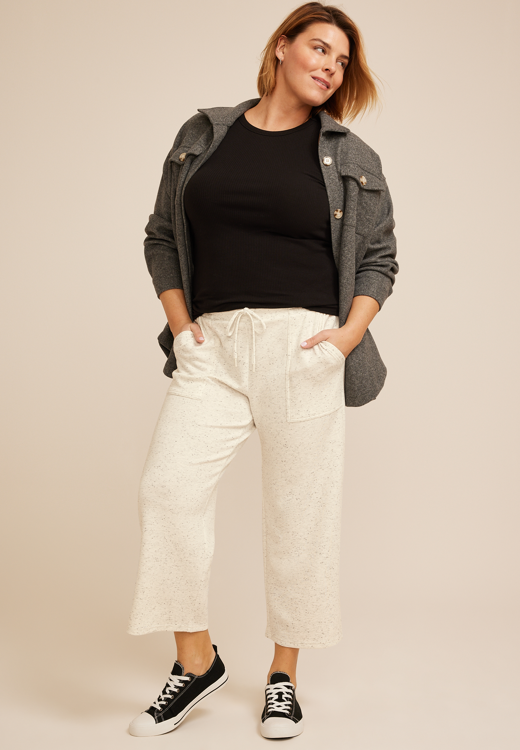 Plus Size Speckle Cloud Scuba Knit High Rise Wide Leg Cropped Pant, C6815, large