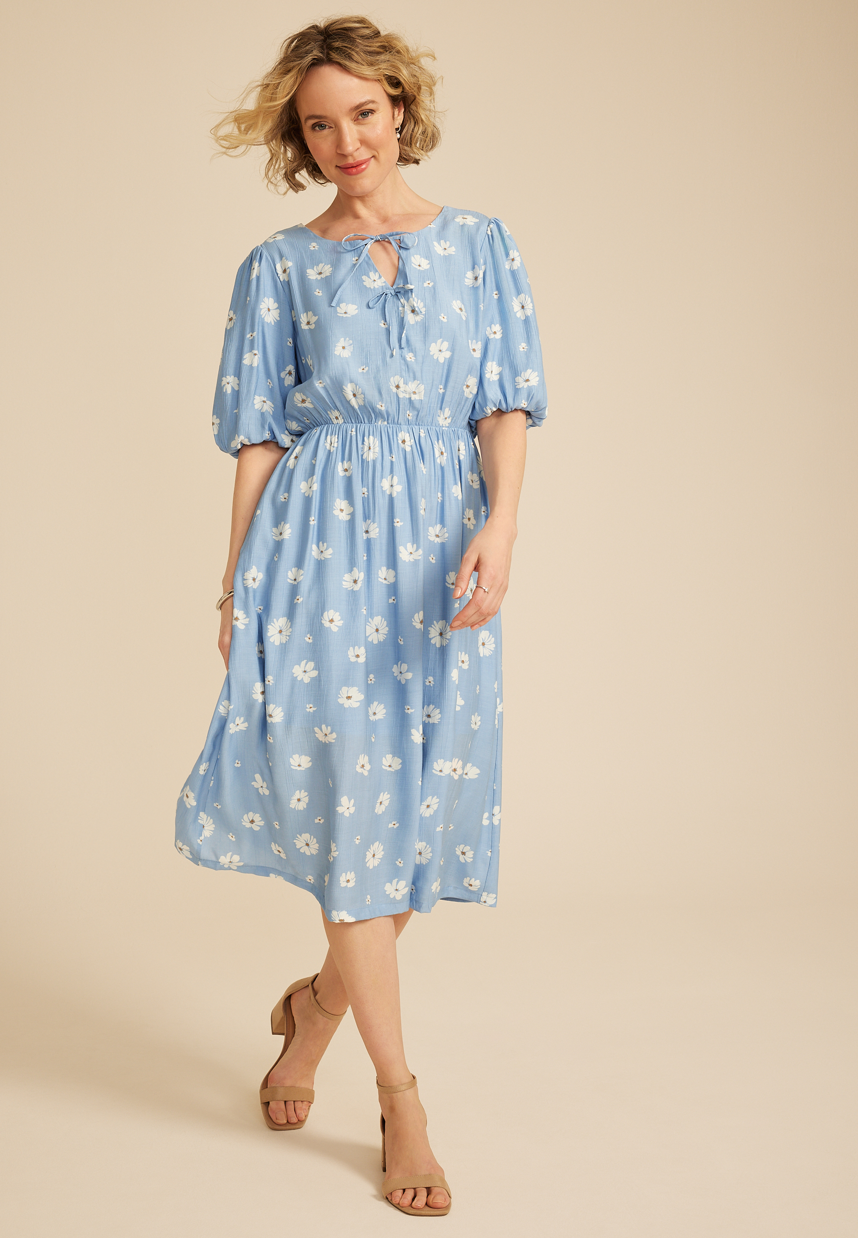 Floral Bubble Sleeve Tie Front Midi Dress