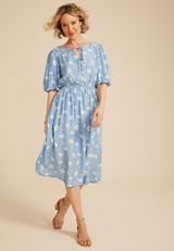 Floral Bubble Sleeve Tie Front Midi Dress, C8499, small
