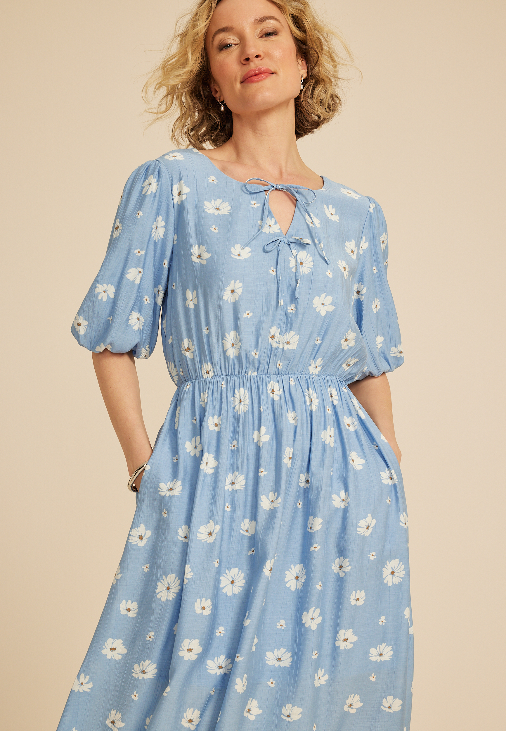 Floral Bubble Sleeve Tie Front Midi Dress, C8499, large