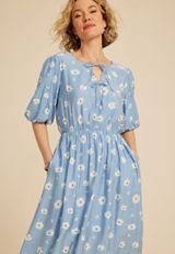 Floral Bubble Sleeve Tie Front Midi Dress, C8499, small