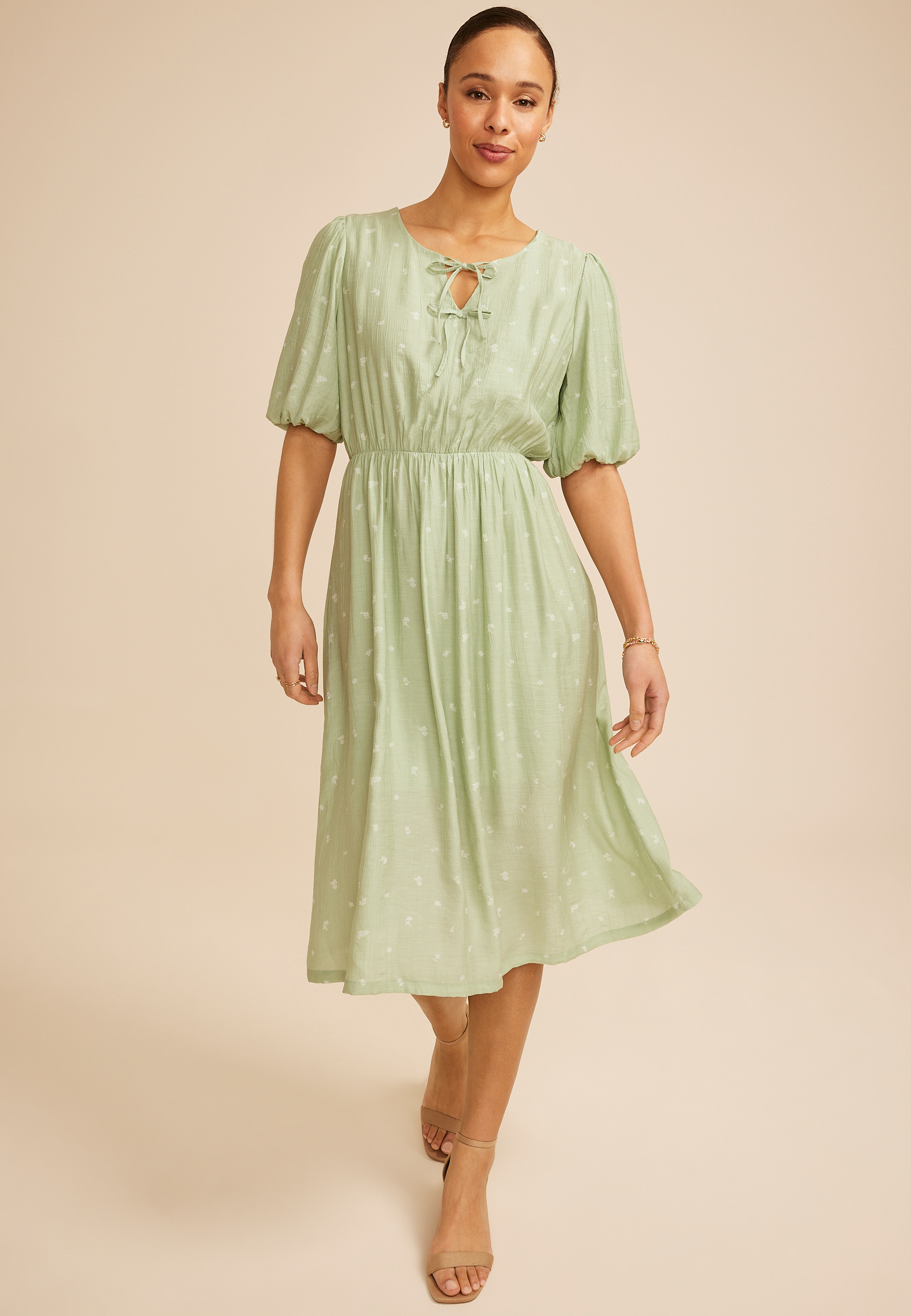 Floral Bubble Sleeve Tie Front Midi Dress