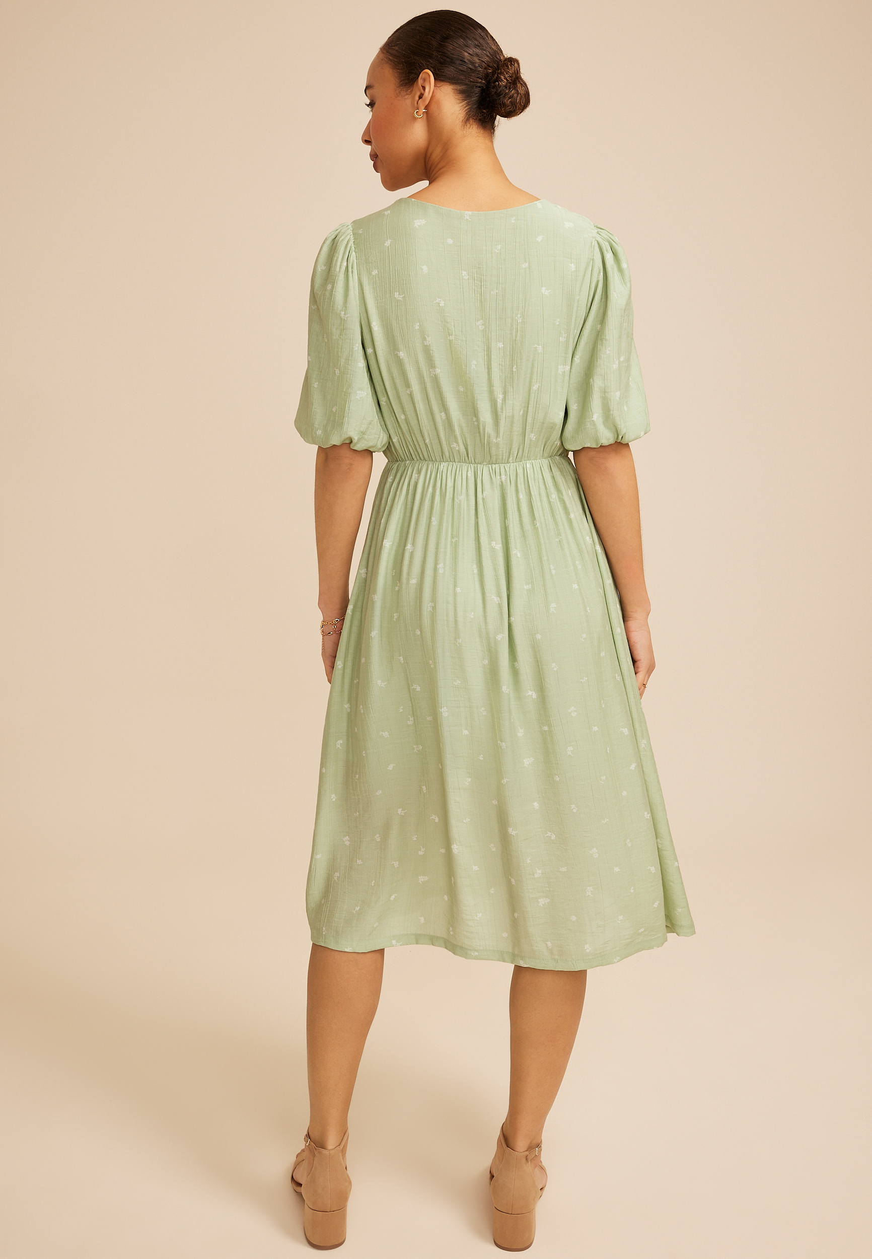 Maurices Women's Floral Bubble Sleeve Tie Front Midi Dress Green Size Medium