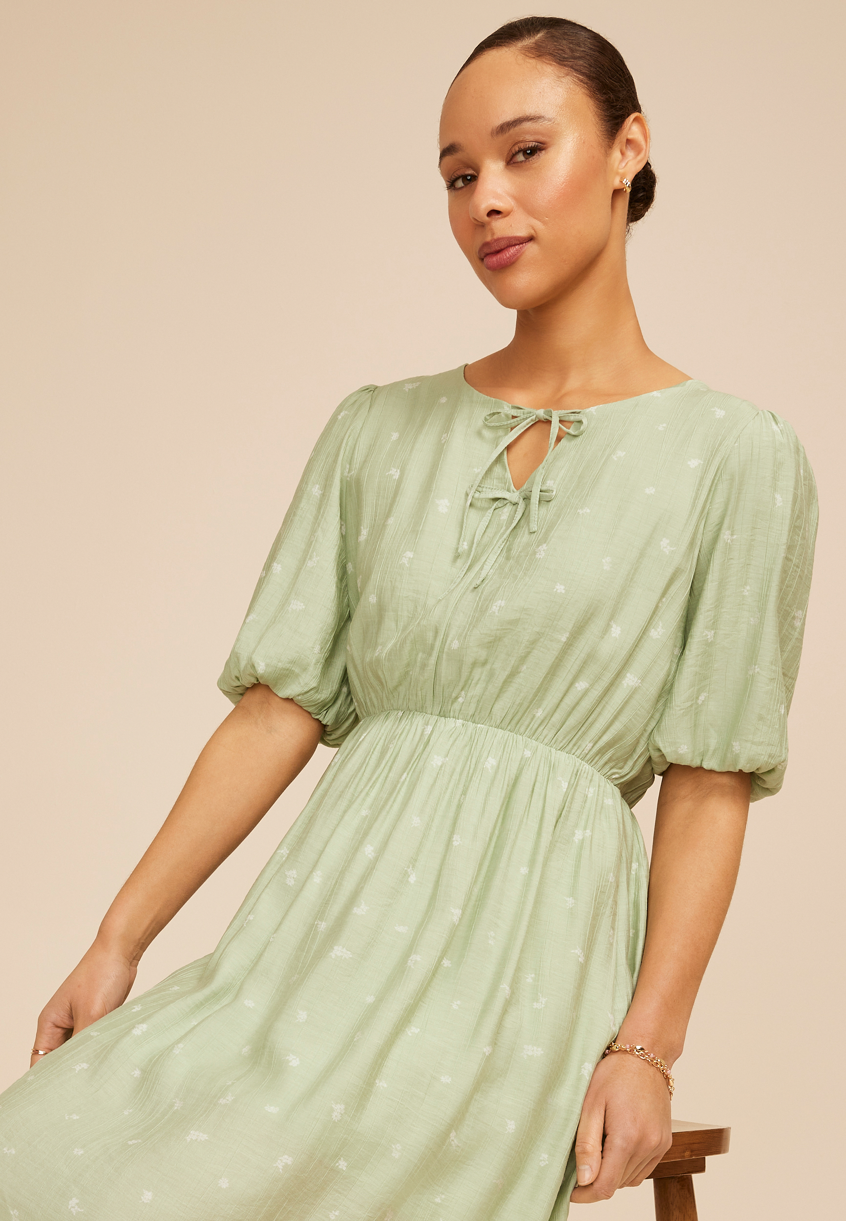 Floral Bubble Sleeve Tie Front Midi Dress - thumbnail 3