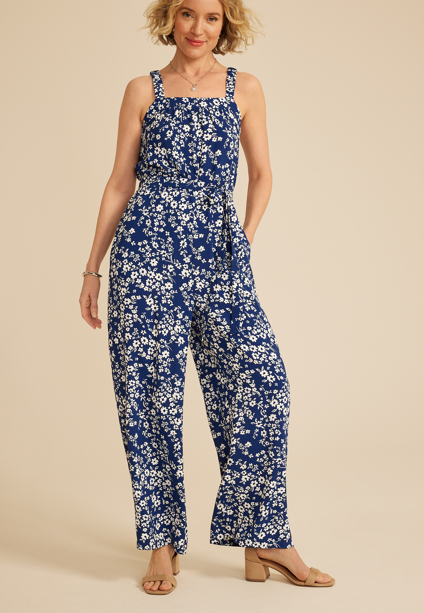 Bare Square Neck Tie Waist Jumpsuit, C3942, large