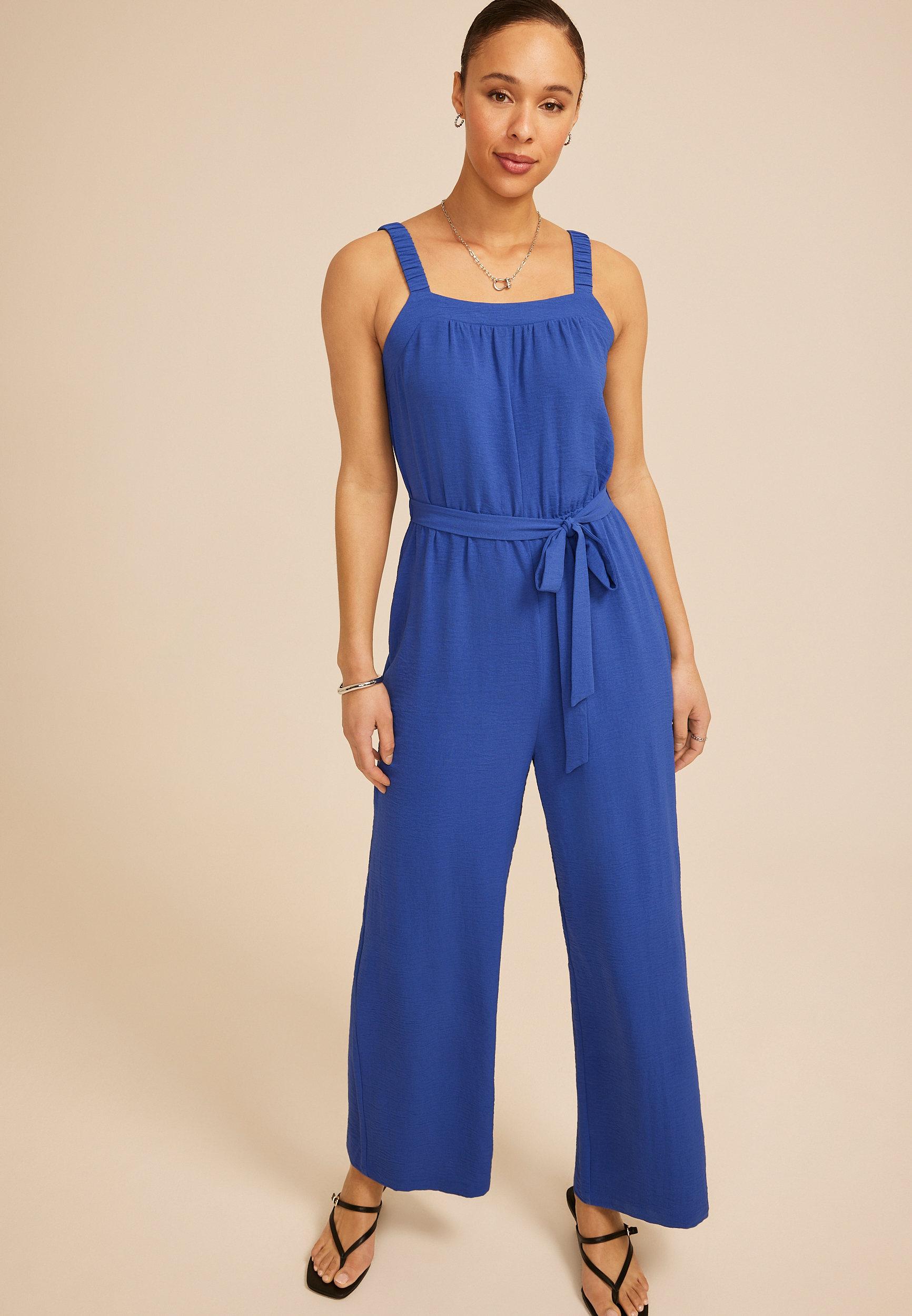 Bare Square Neck Tie Waist Jumpsuit