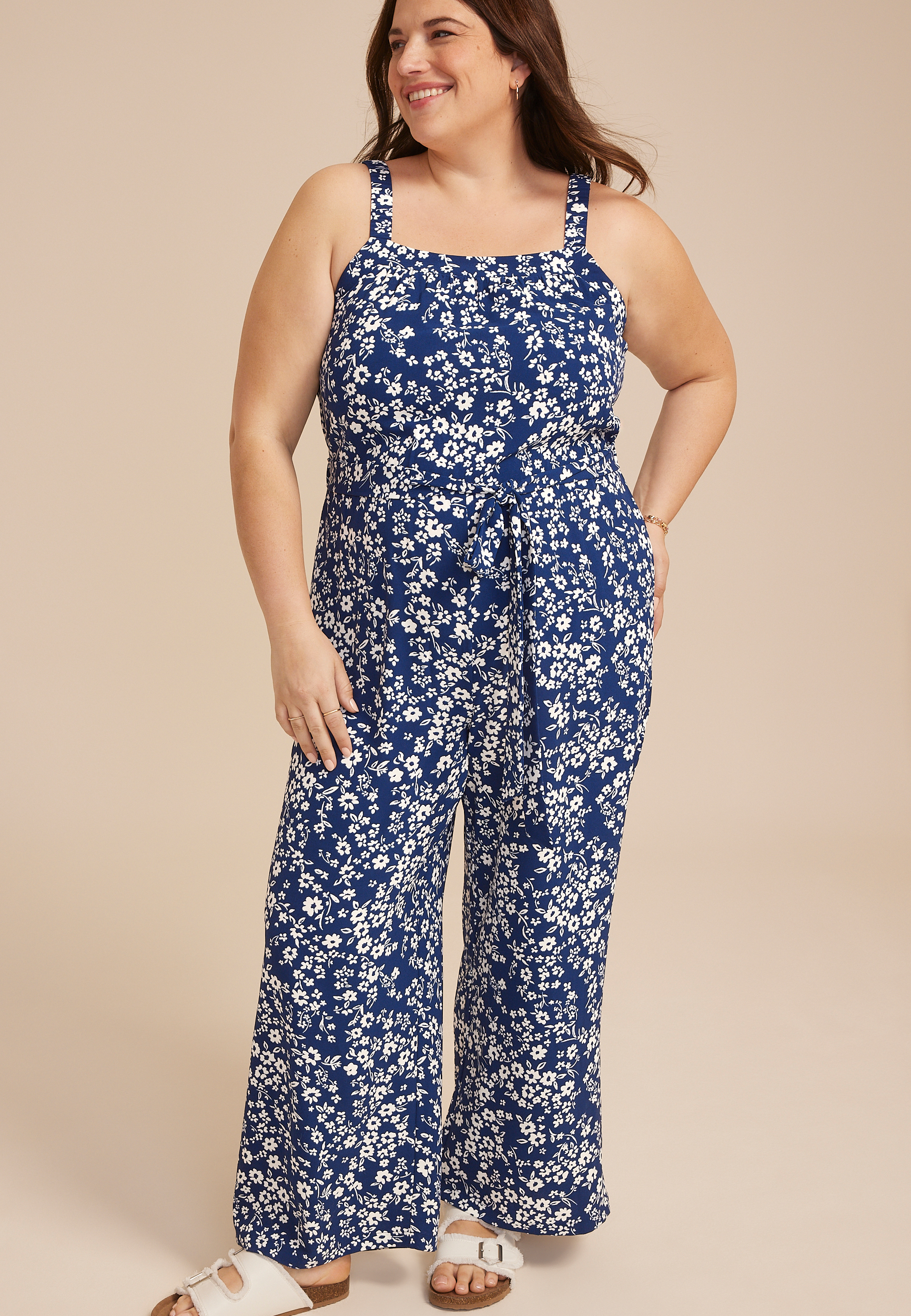 Plus Size Bare Square Neck Tie Waist Jumpsuit