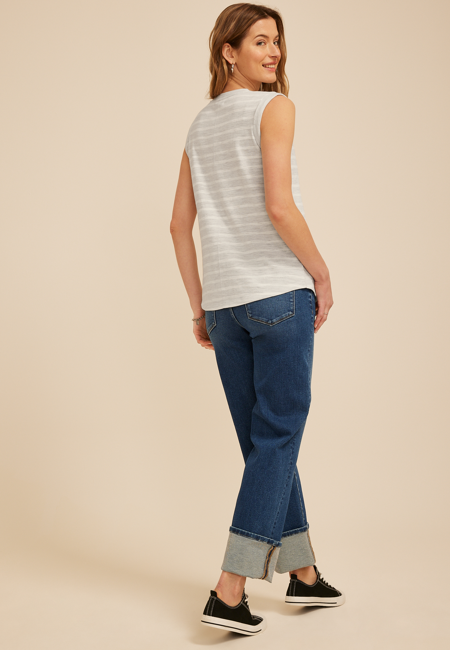 Striped High Neck Roll Sleeve Tank Top, C2823, large