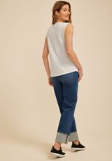 Striped High Neck Roll Sleeve Tank Top, C2823, small