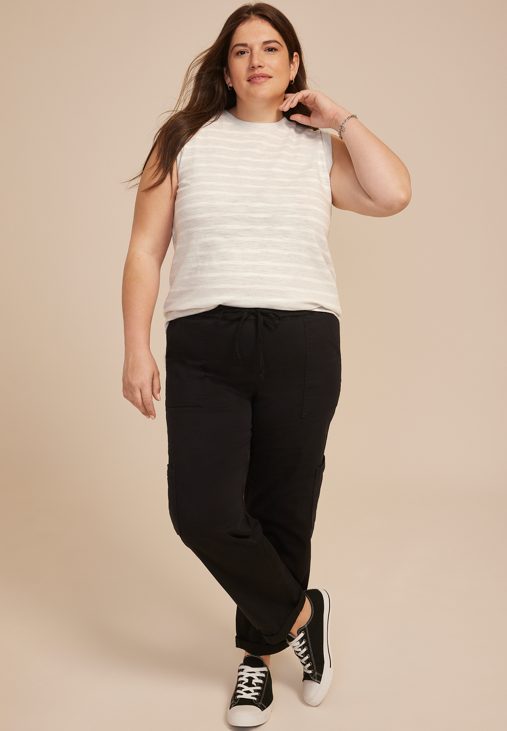 Plus Size Striped High Neck Roll Sleeve Tank Top