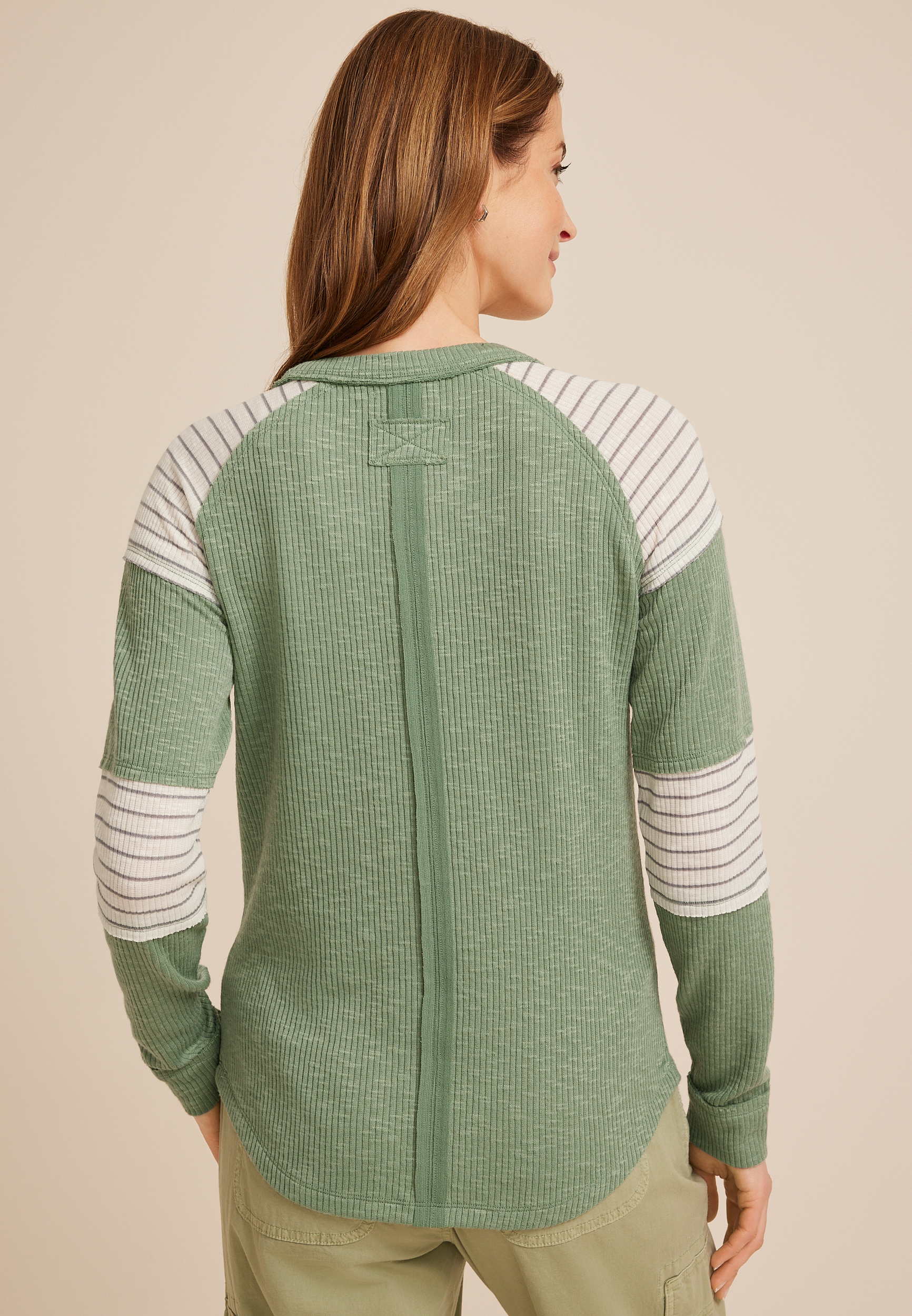 Ribbed Striped Colorblock Long Sleeve Tee, GREEN BAY COMBO, large
