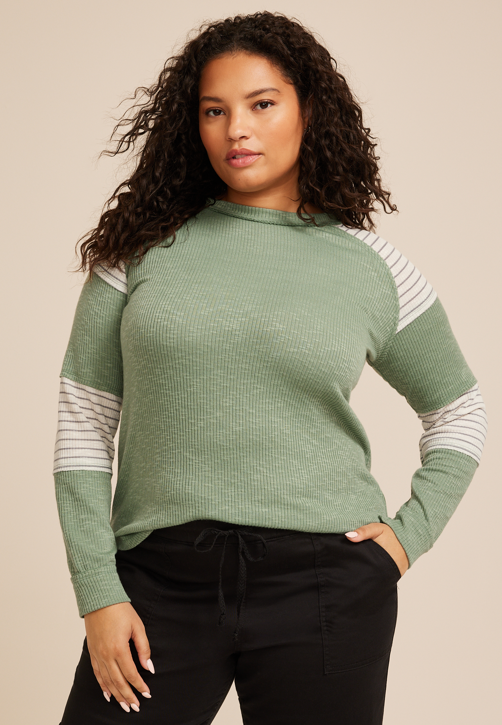 Plus Size Ribbed Striped Colorblock Long Sleeve Tee