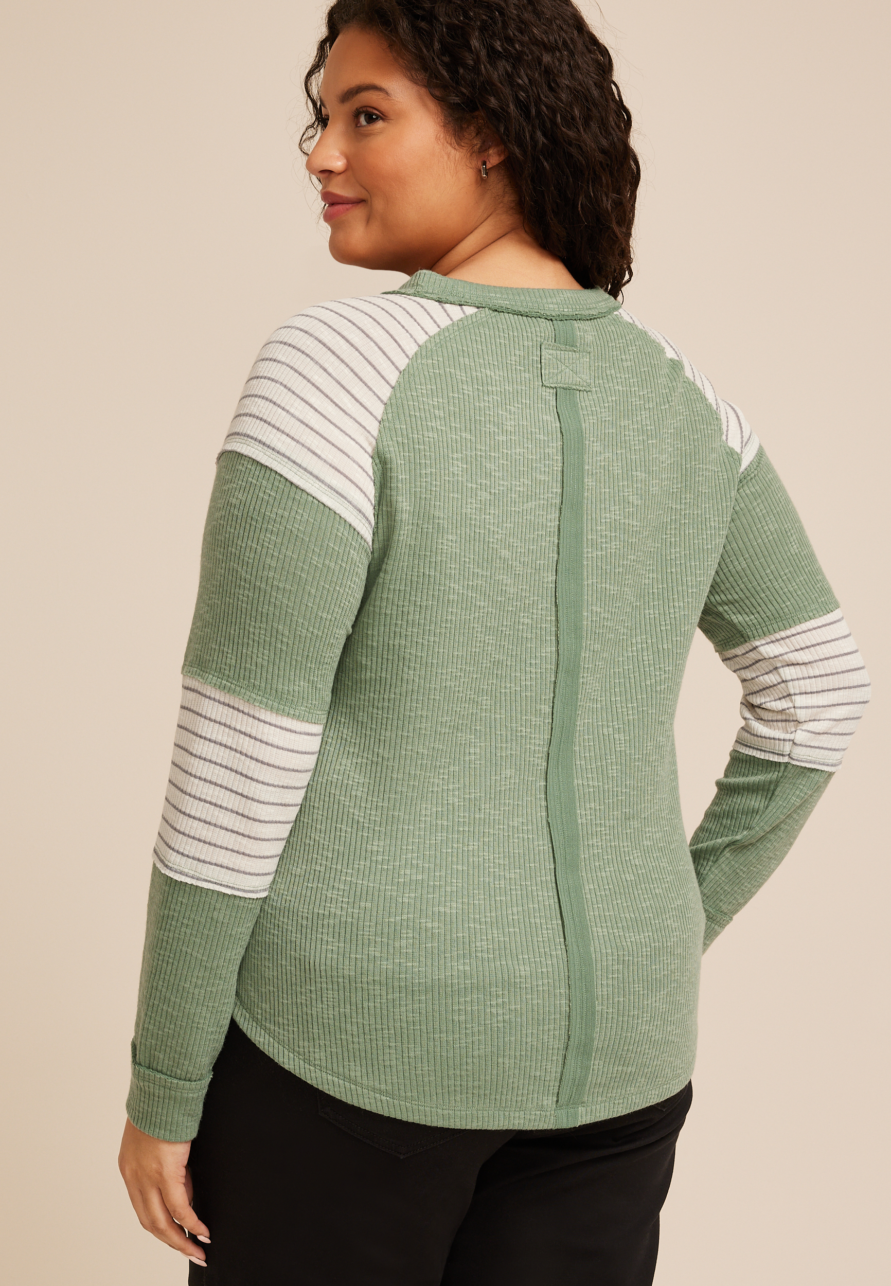 Plus Size Ribbed Striped Colorblock Long Sleeve Tee, GREEN BAY COMBO, large