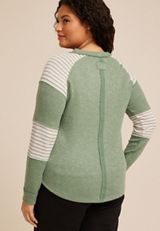 Plus Size Ribbed Striped Colorblock Long Sleeve Tee, GREEN BAY COMBO, small