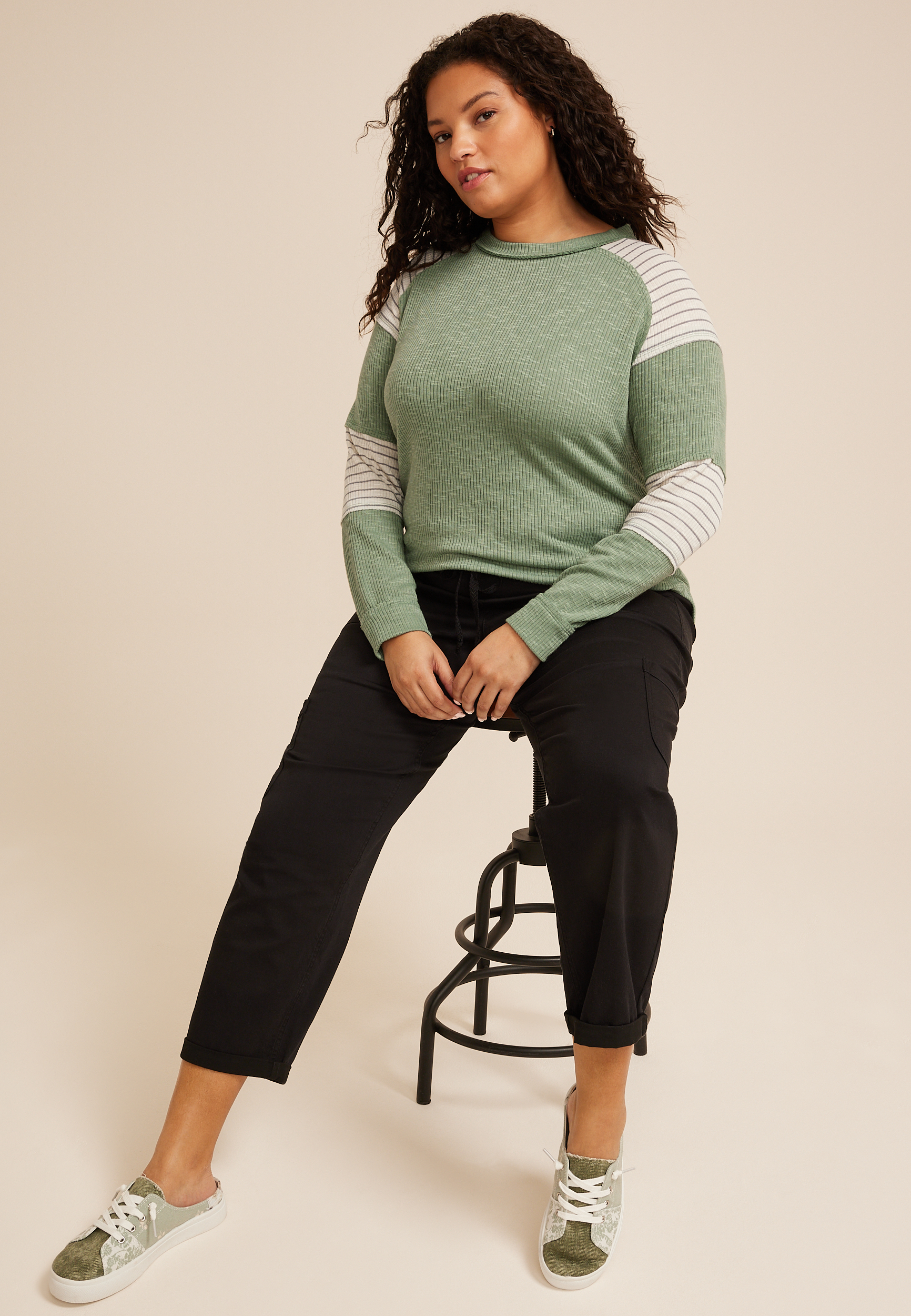 Plus Size Ribbed Striped Colorblock Long Sleeve Tee, GREEN BAY COMBO, large