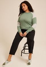 Plus Size Ribbed Striped Colorblock Long Sleeve Tee, GREEN BAY COMBO, small