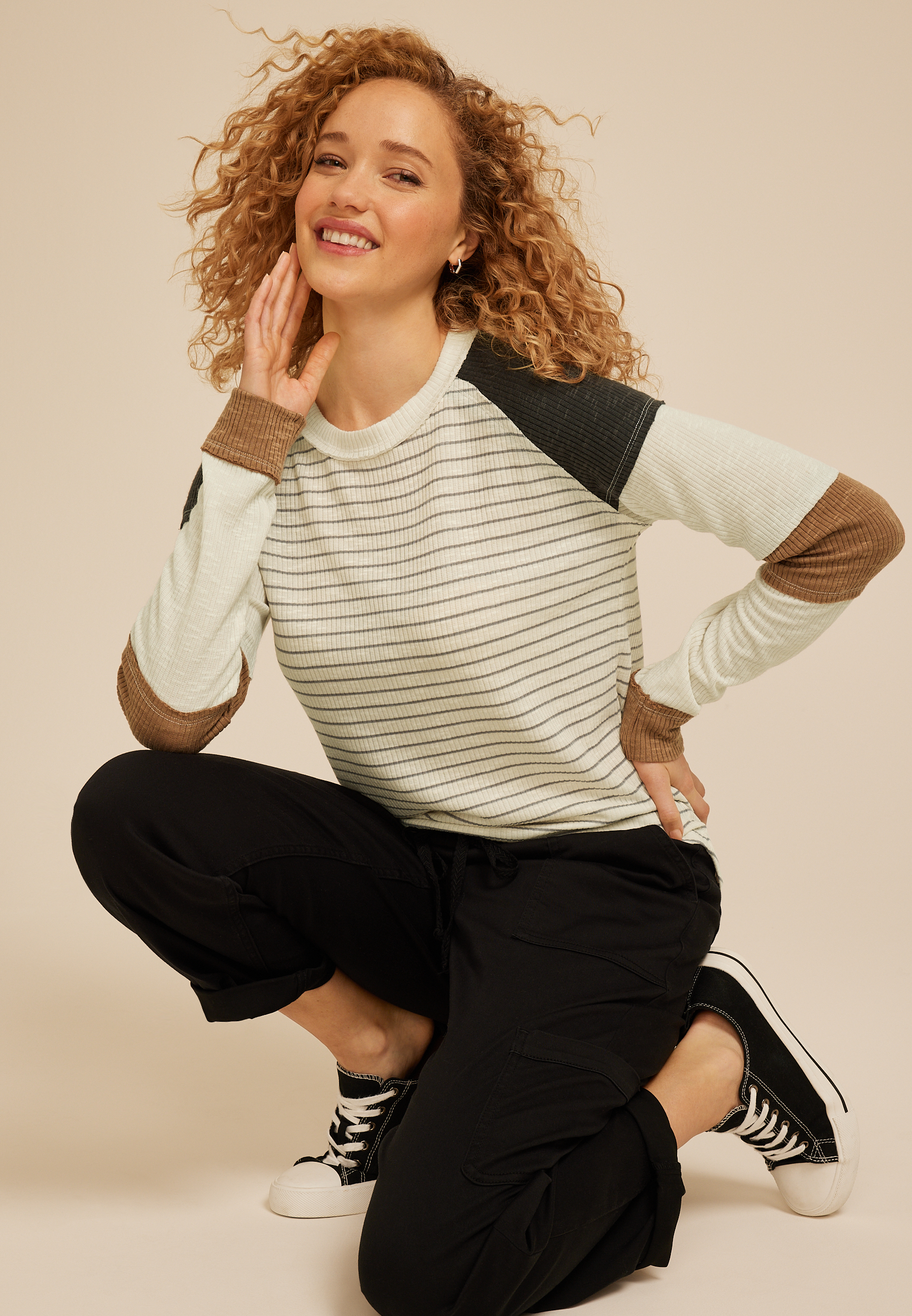 Colorblock Striped Long Sleeve Tee, C5487, large