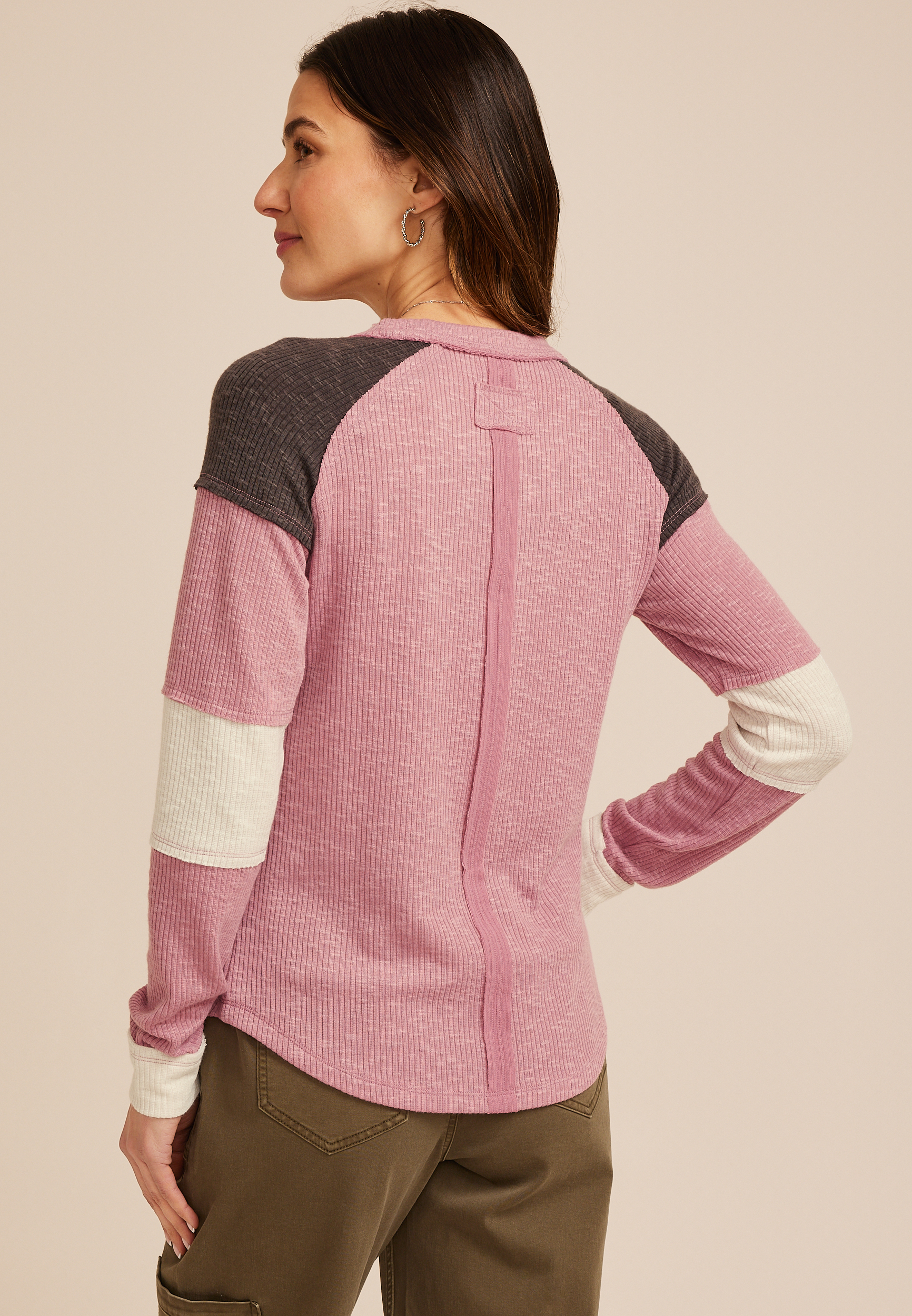 Colorblock Ribbed Long Sleeve Tee, C3018, large