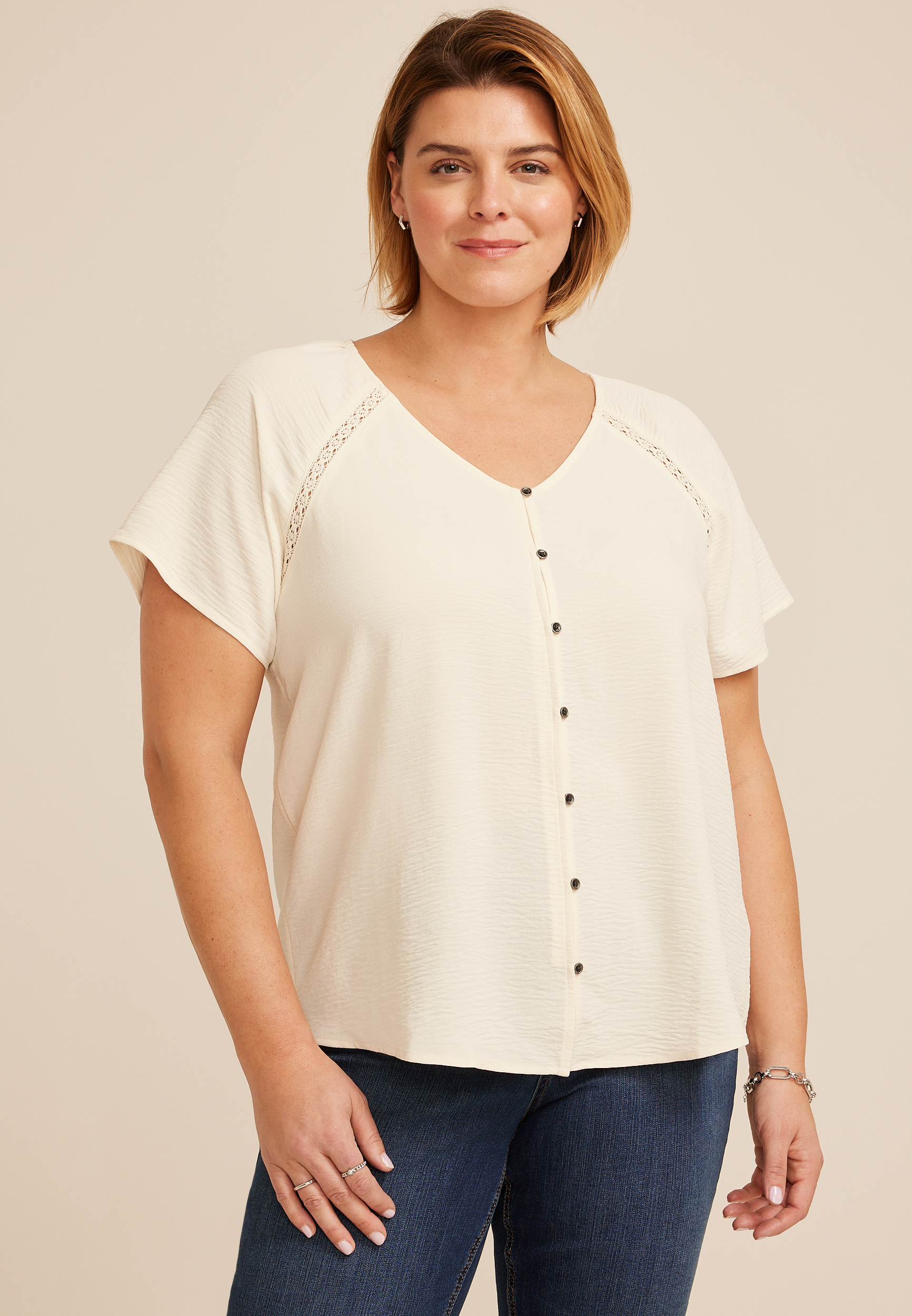 Plus Size Crochet Trim Button Front Blouse