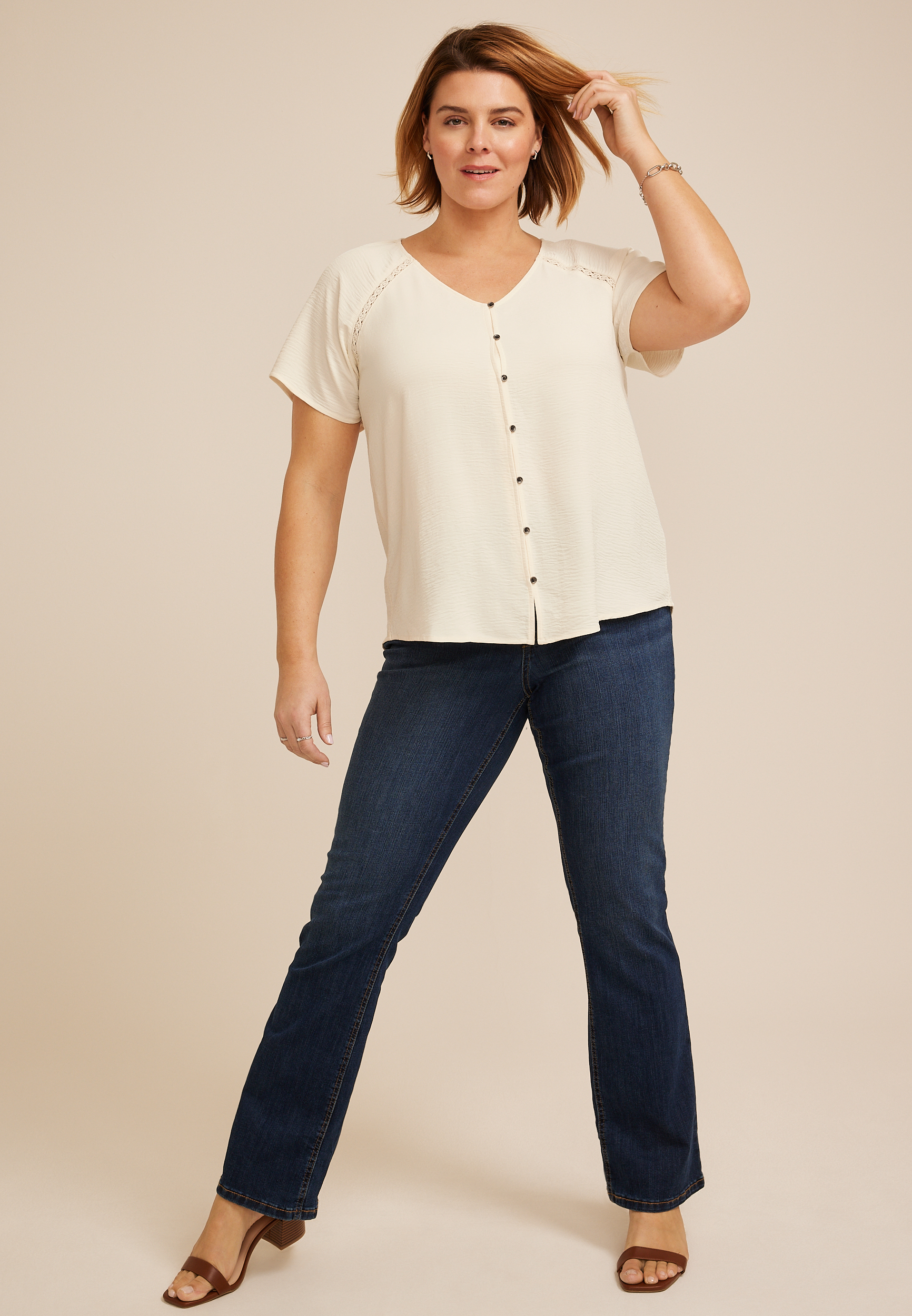 Plus Size Crochet Trim Button Front Blouse, C8232, large