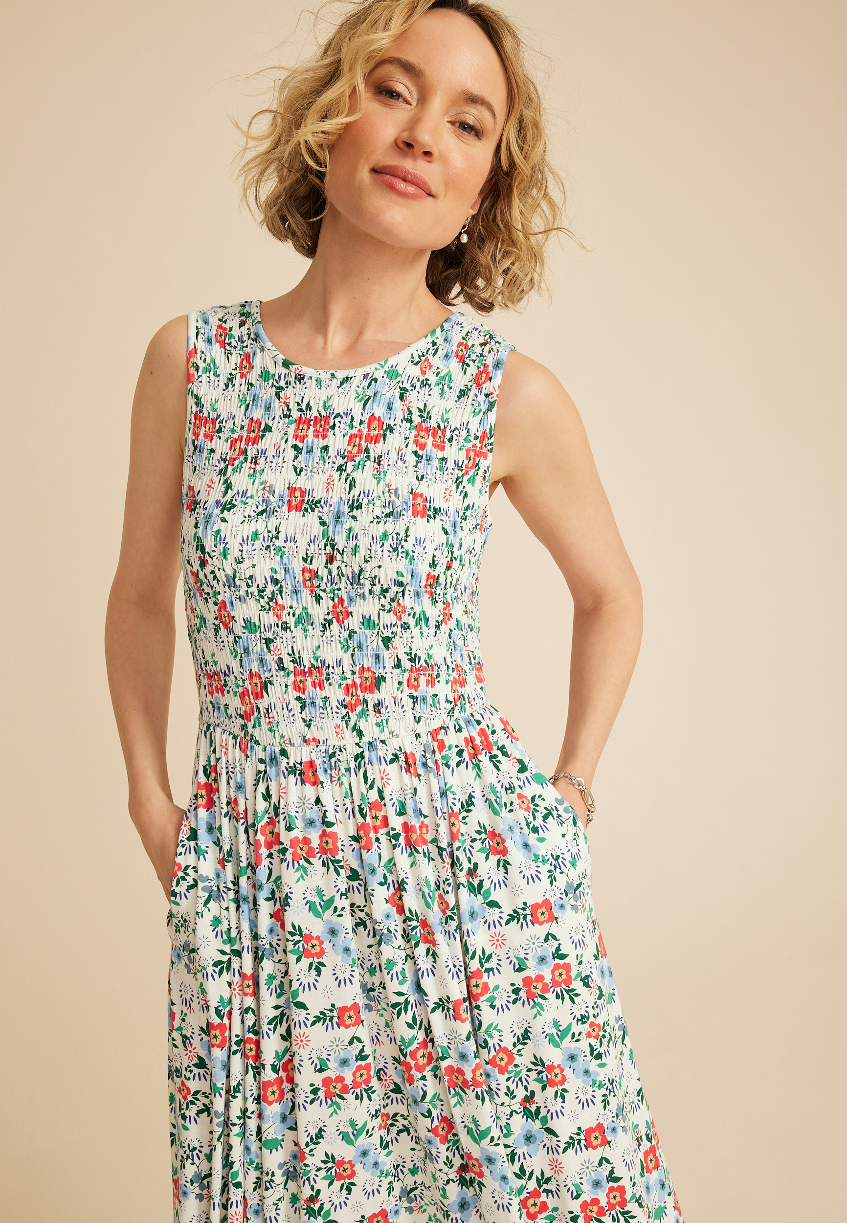 24/7 Bare Floral Smocked Bodice Midi Dress
