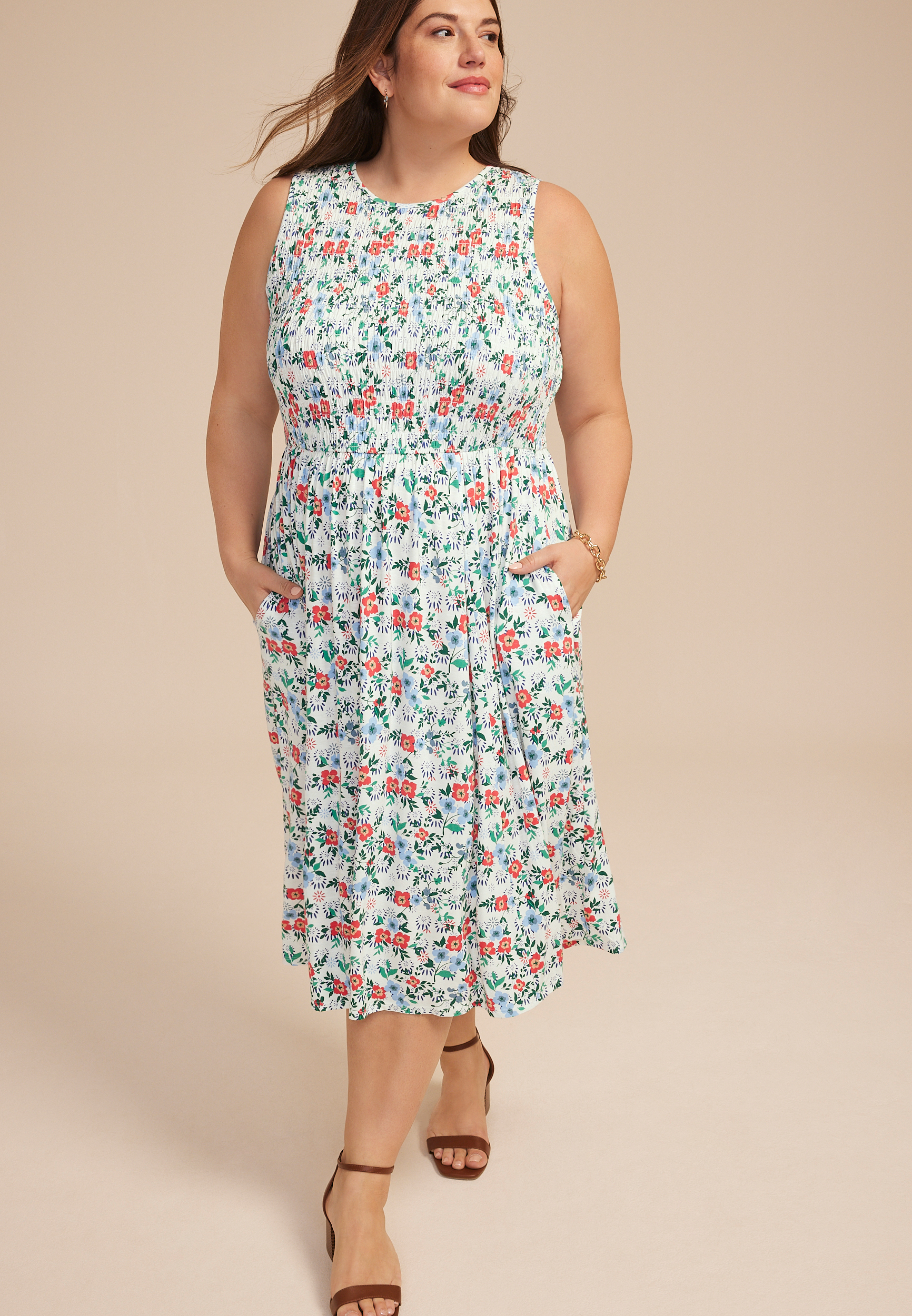 Plus Size 24/7 Bare Floral Smocked Bodice Midi Dress