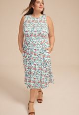 Plus Size 24/7 Bare Floral Smocked Bodice Midi Dress, C2754, small