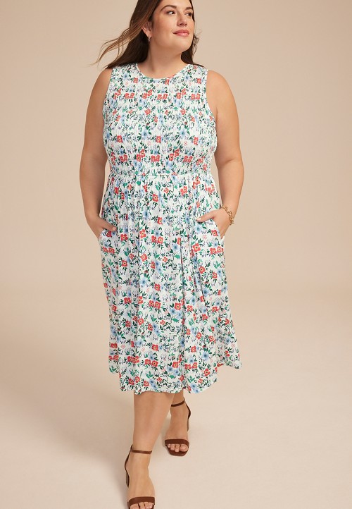 Plus Size 24/7 Bare Floral Smocked Bodice Midi Dress | maurices