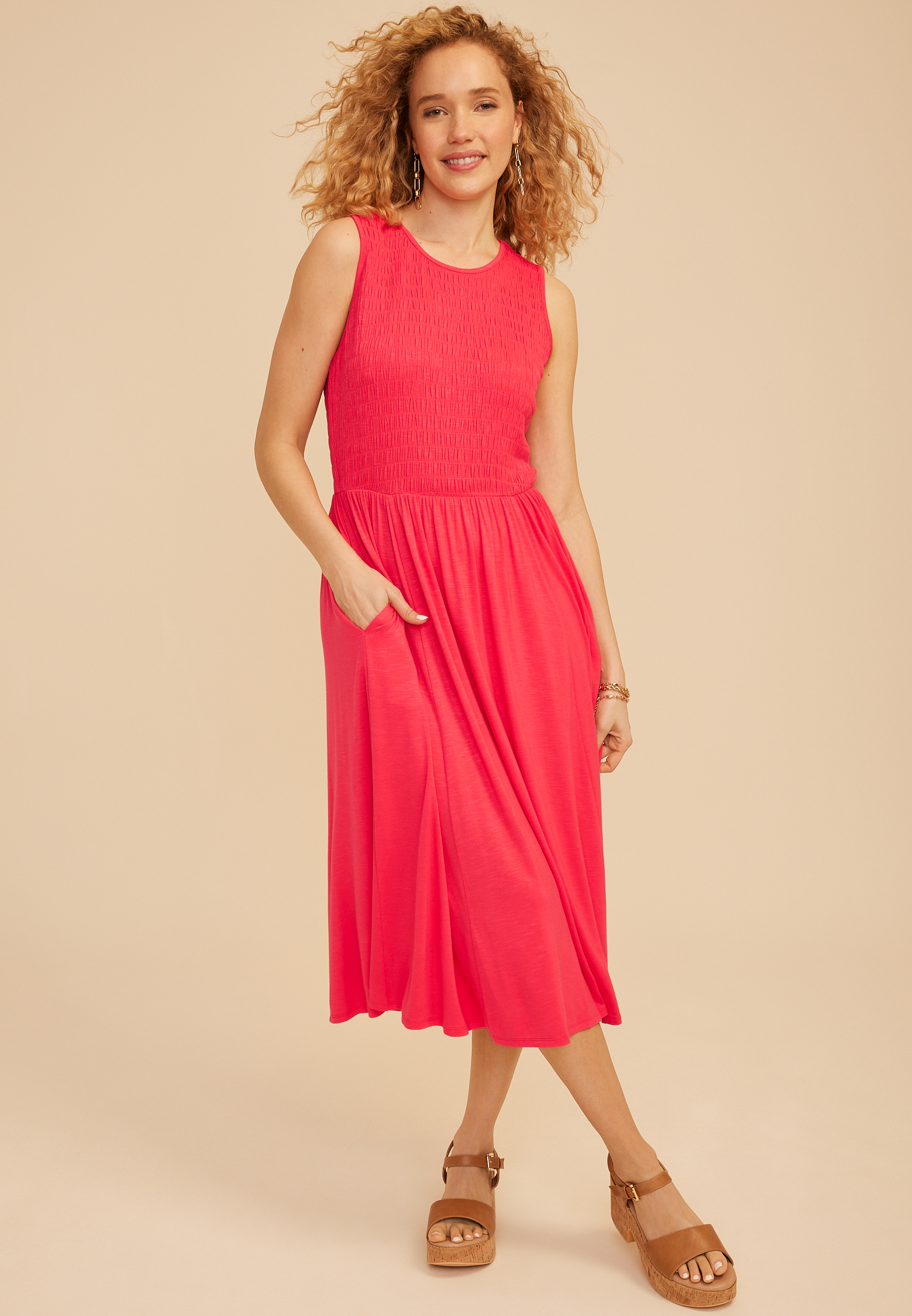24/7 Bare Smocked Bodice Midi Dress