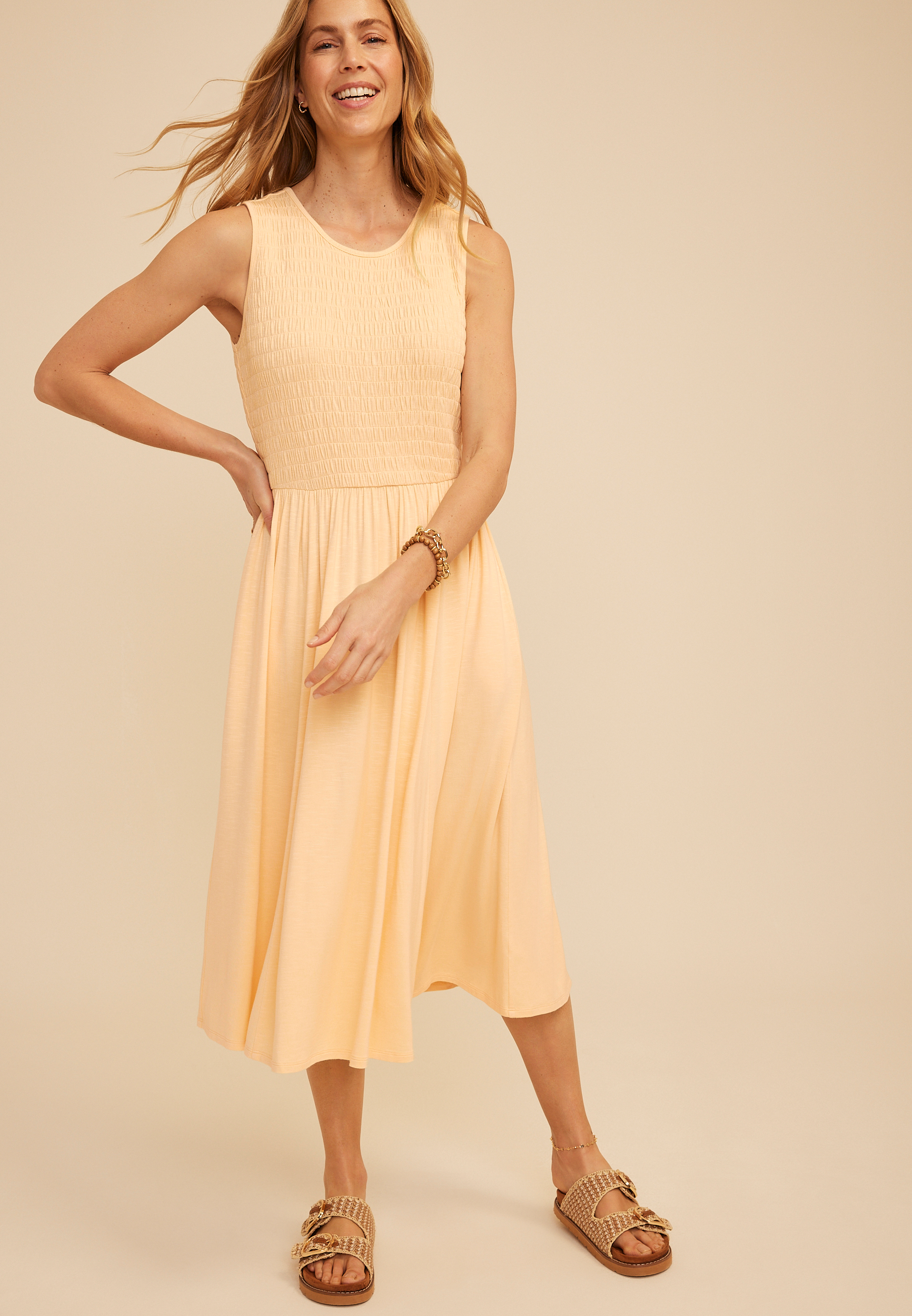 24/7 Bare Smocked Bodice Midi Dress