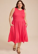Plus Size 24/7 Bare Smocked Bodice Midi Dress, C1355, small