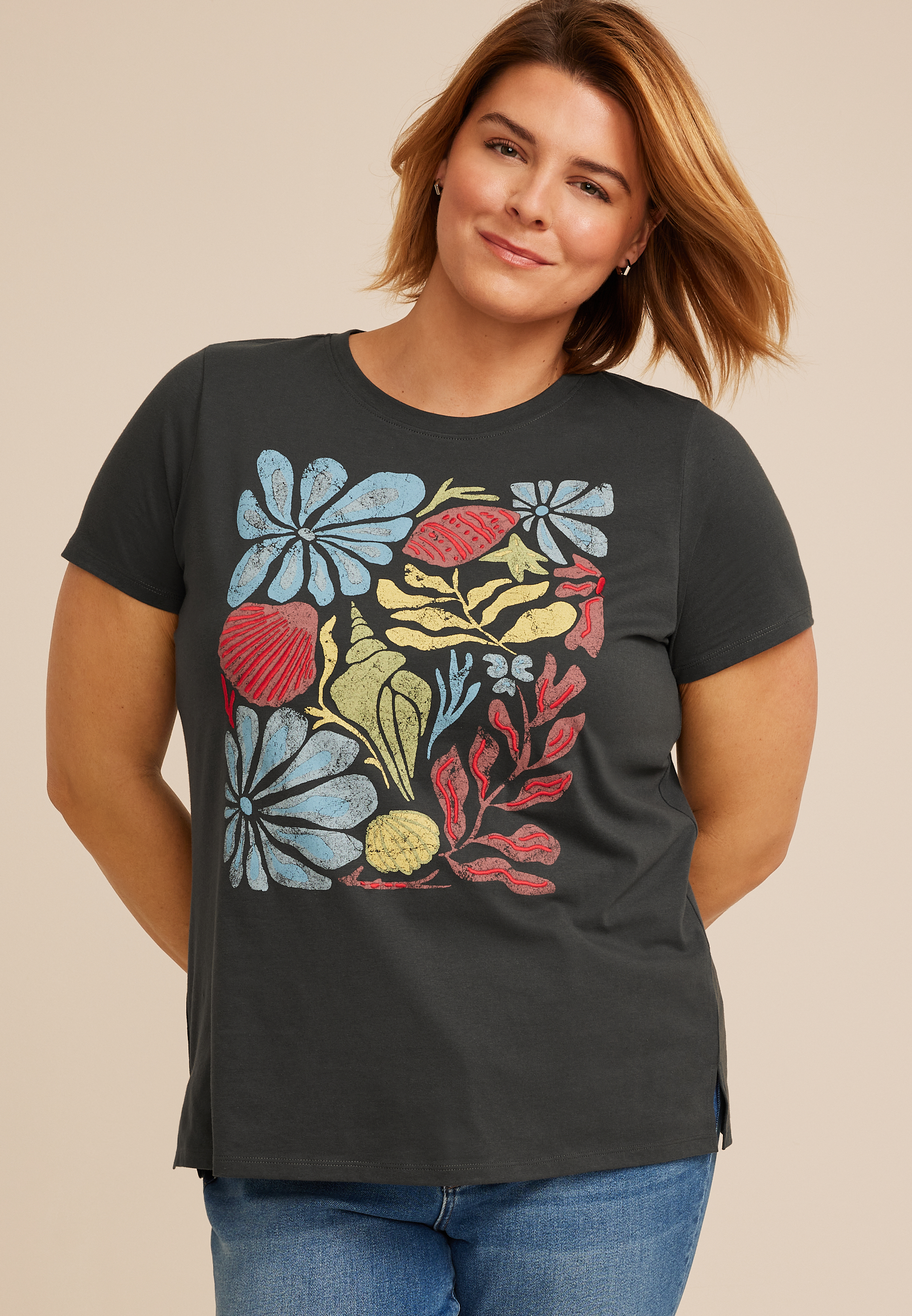 Plus Size Floral Seashell Classic Fit Graphic Tee