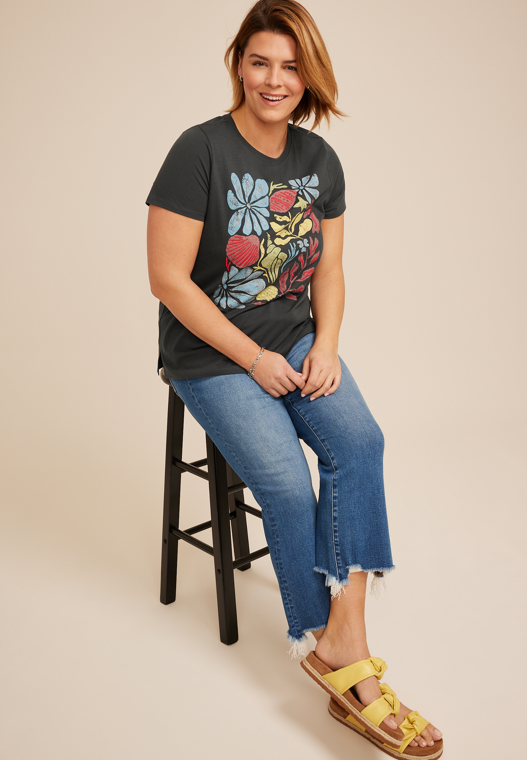 Plus Size Floral Seashell Classic Fit Graphic Tee, C1876, large