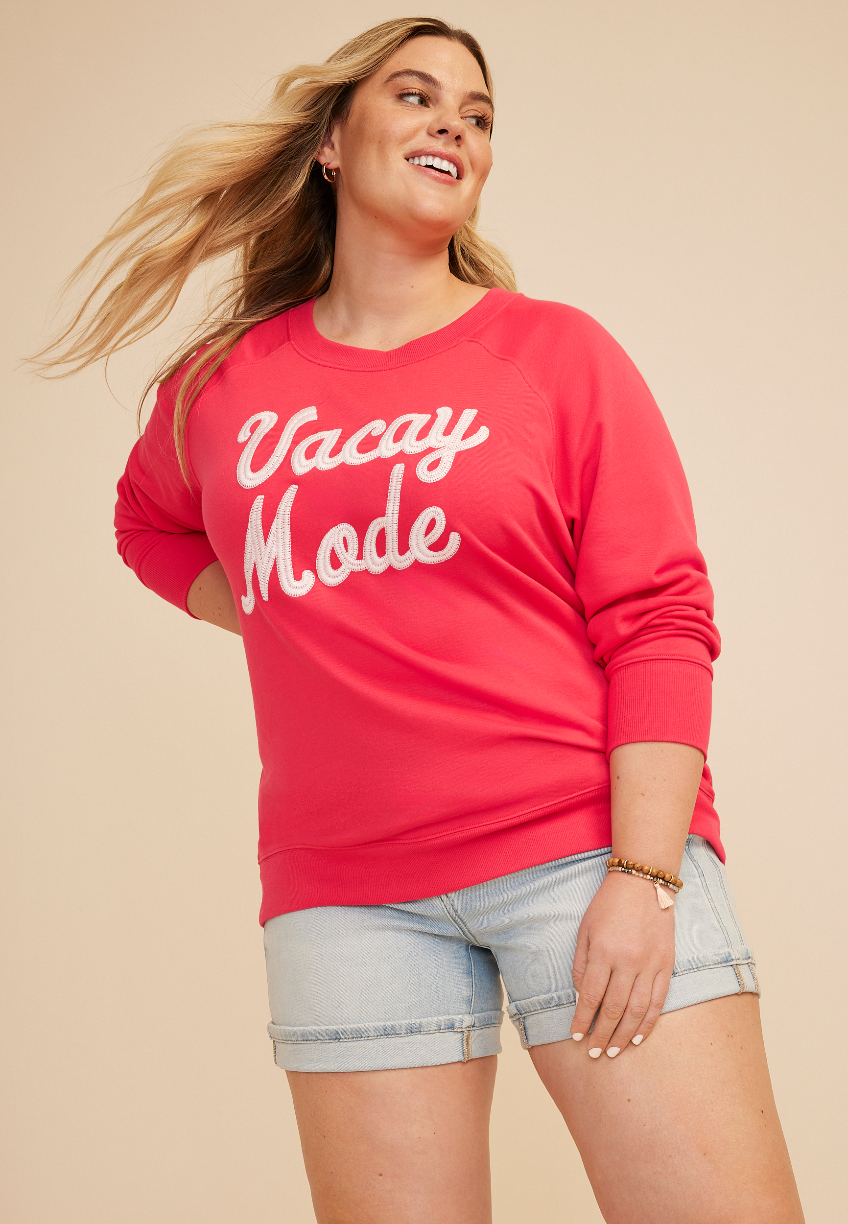 Plus Size Vacay Mode Embroidered Sweatshirt