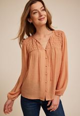 Cinched Yoke Button Front Peasant Blouse, C5127, small