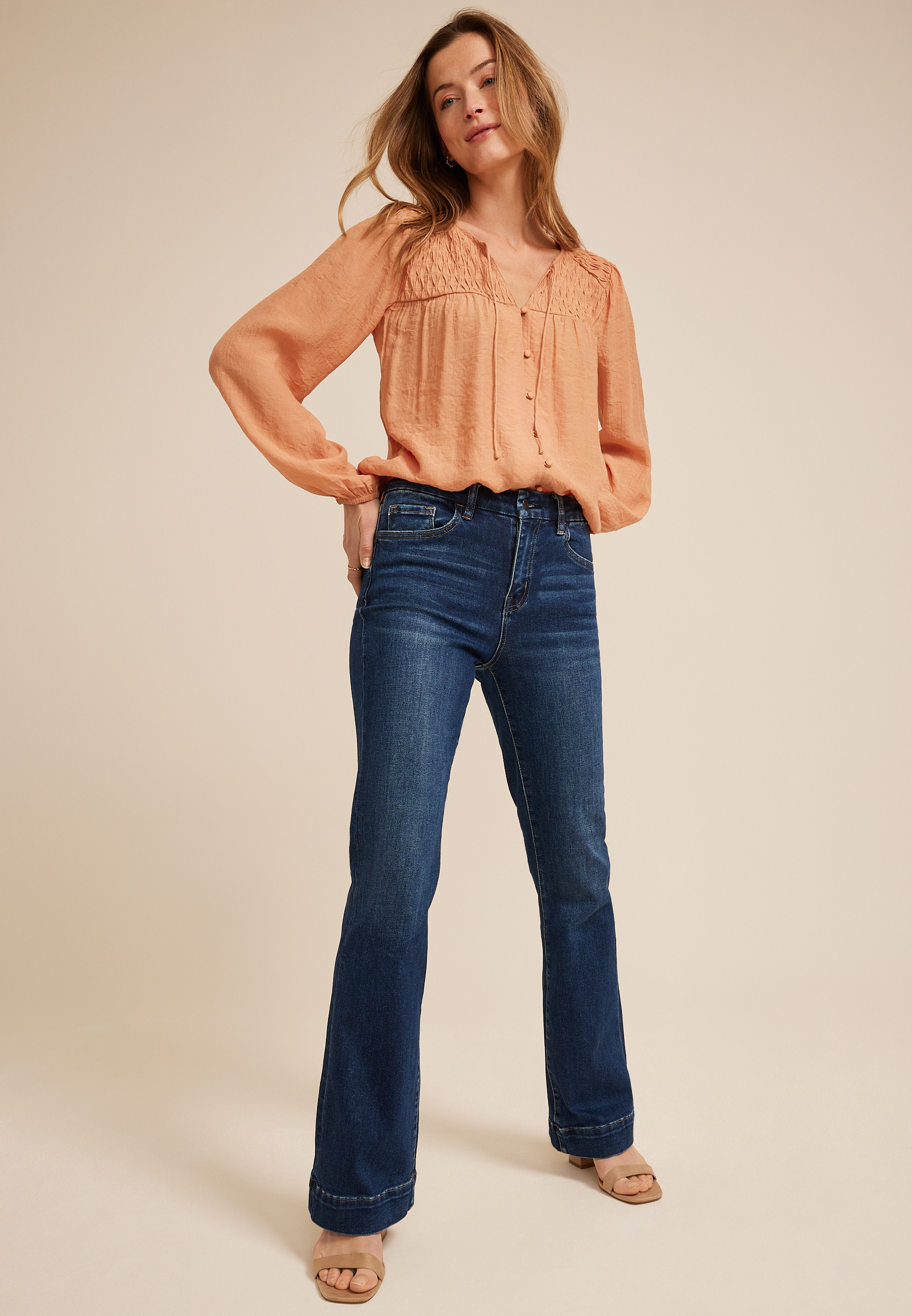 Cinched Yoke Button Front Peasant Blouse, C5127, large