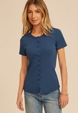 Ribbed Button Front Short Sleeve Tee, C1605, small