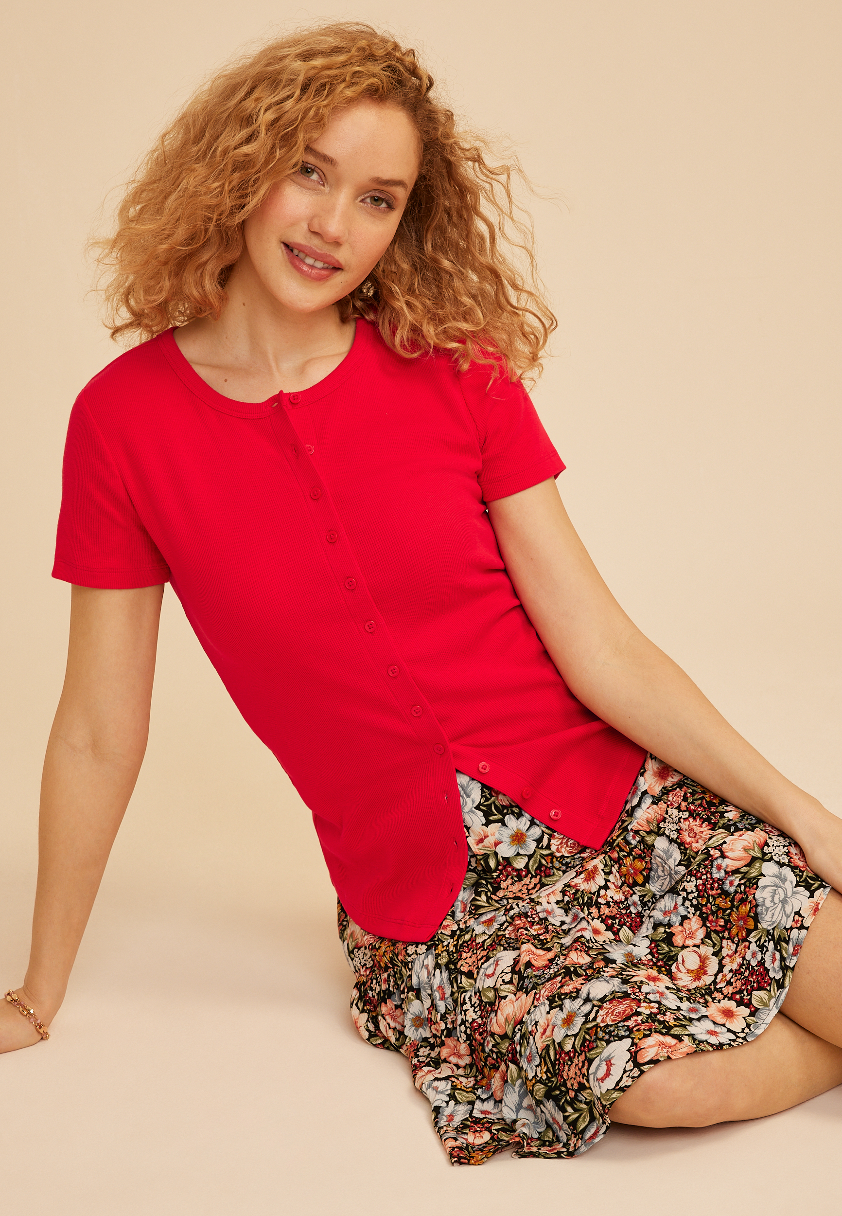 Ribbed Button Front Short Sleeve Tee