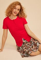 Ribbed Button Front Short Sleeve Tee, C3342, small