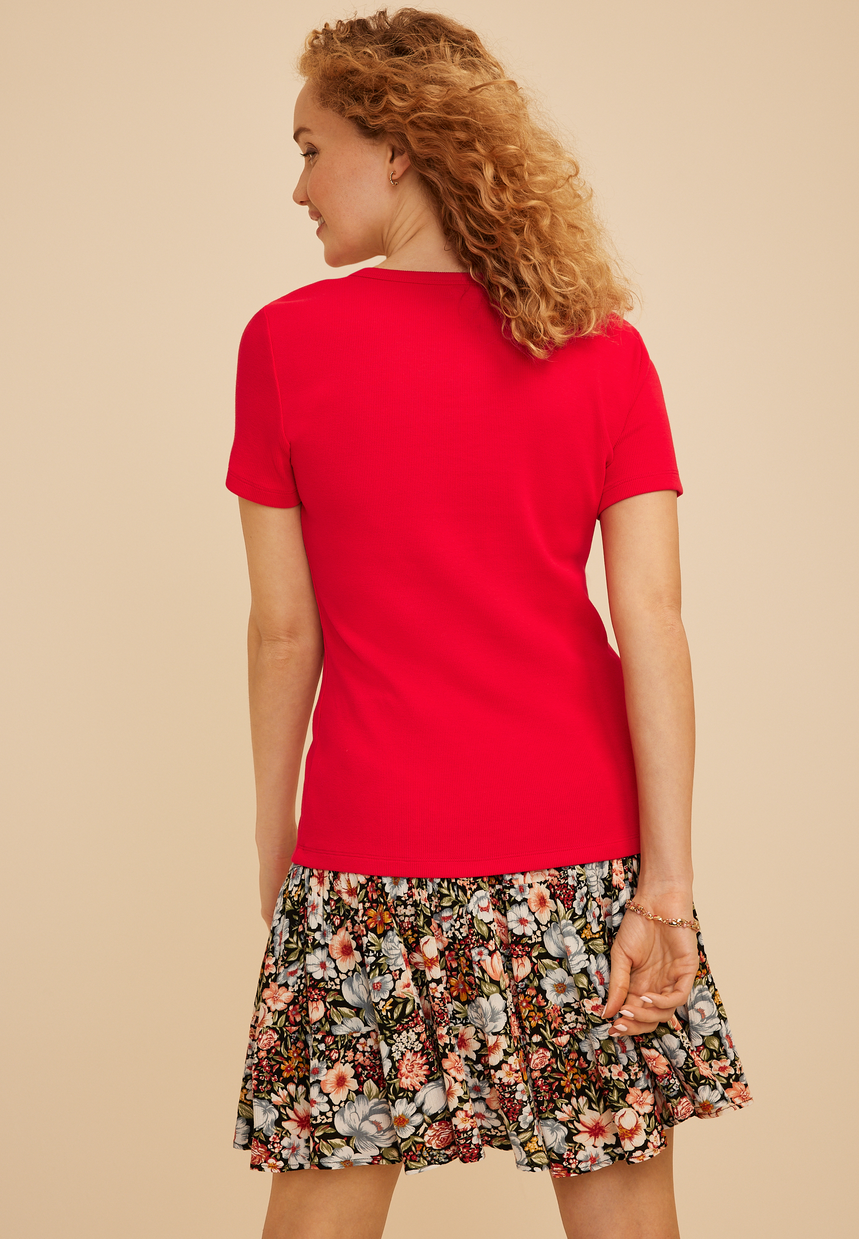 Ribbed Button Front Short Sleeve Tee, C3342, large