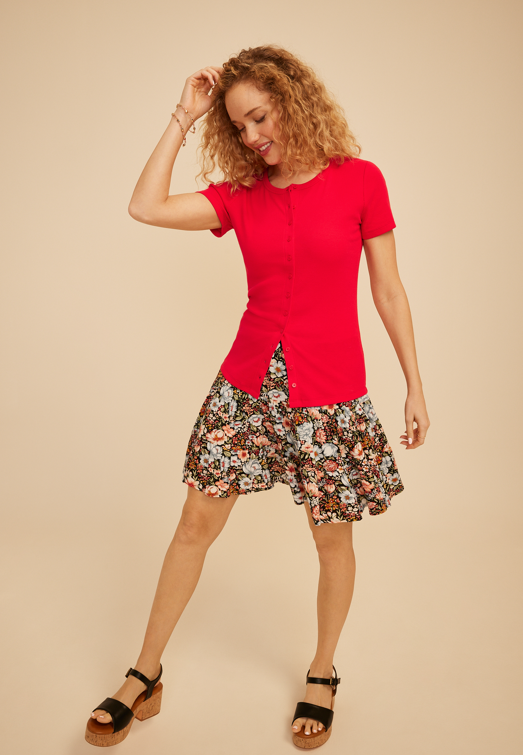 Ribbed Button Front Short Sleeve Tee, C3342, large