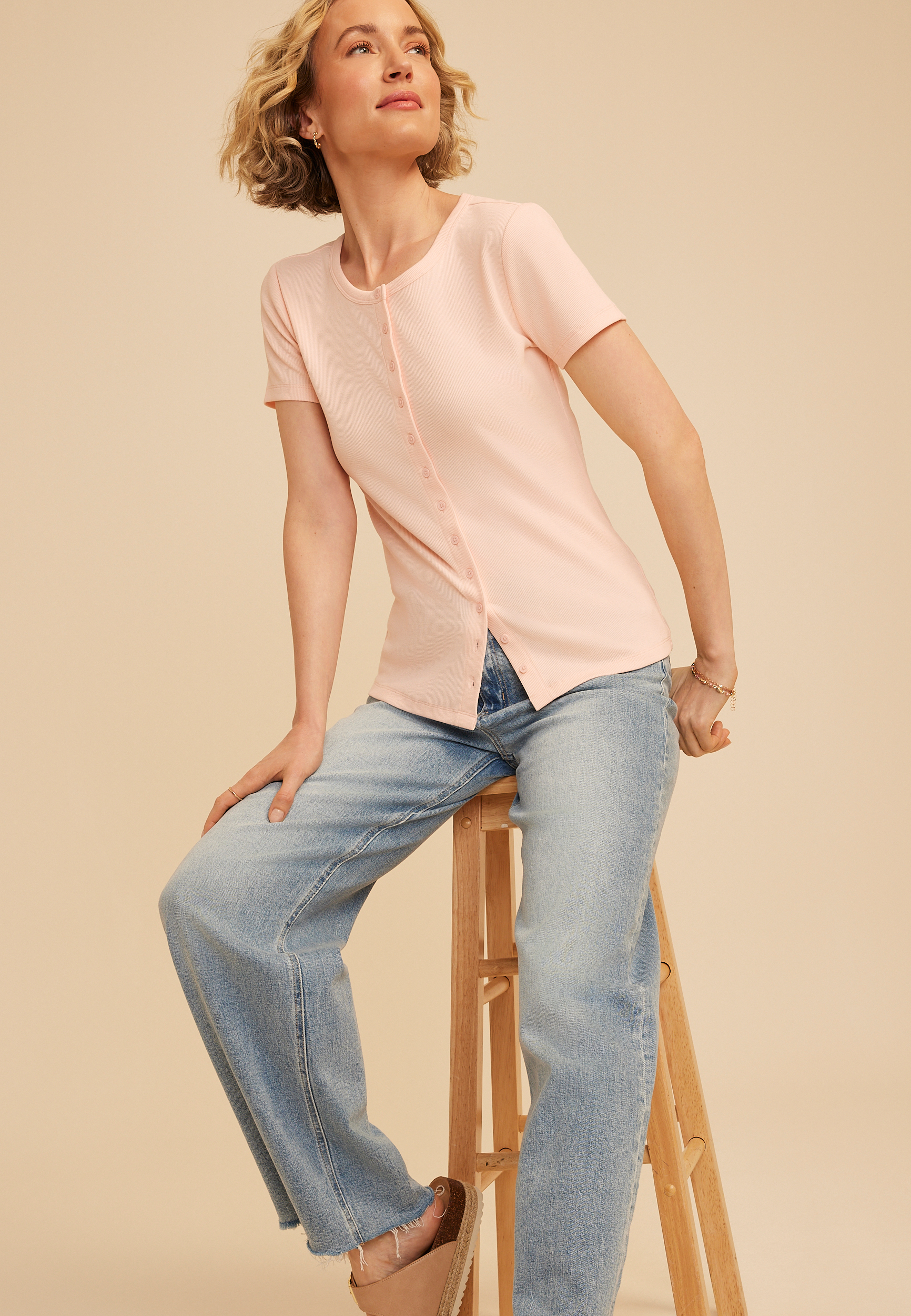 Ribbed Button Front Short Sleeve Tee