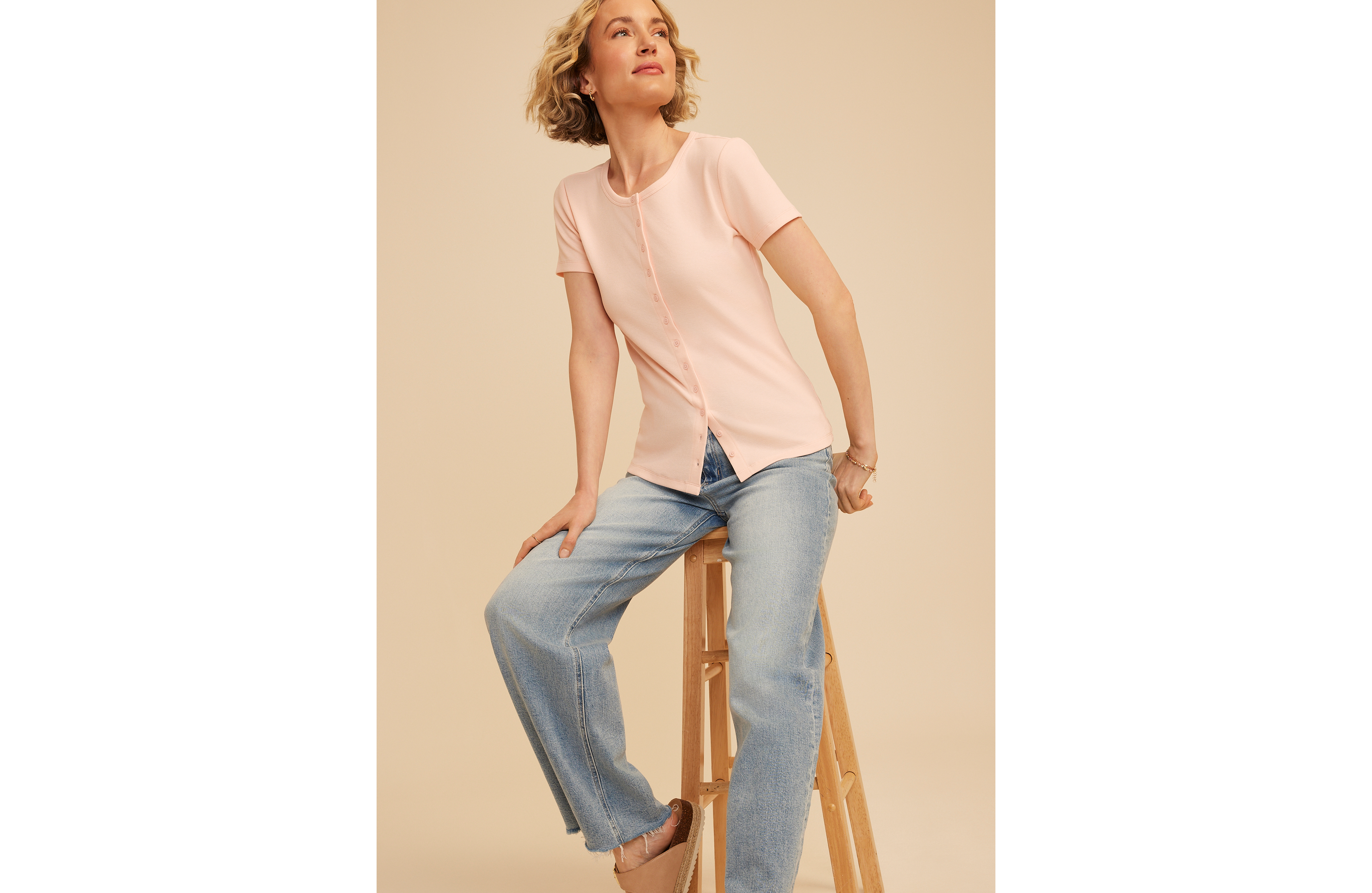 Ribbed Button Front Short Sleeve Tee