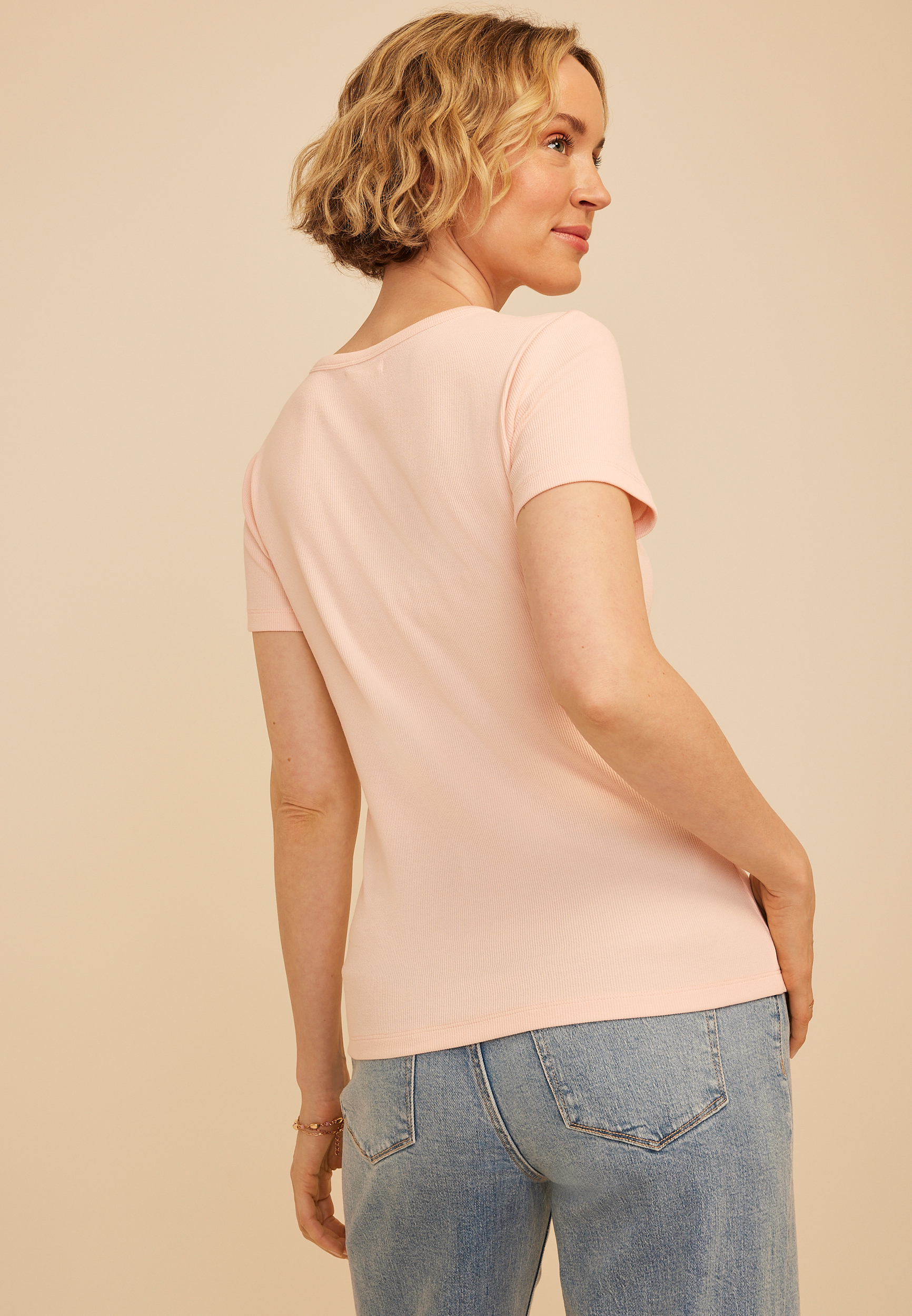 Ribbed Button Front Short Sleeve Tee - thumbnail 5