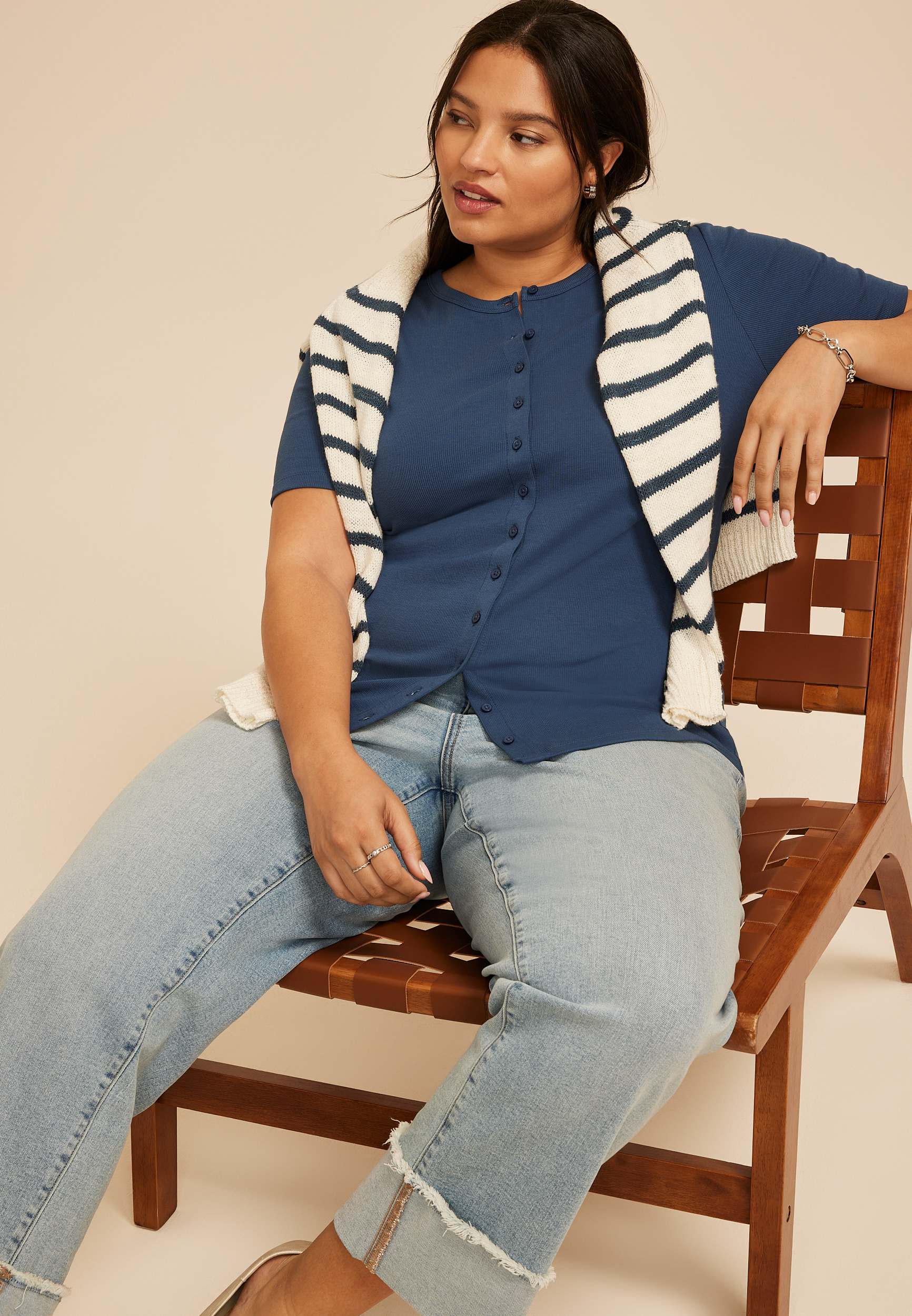 Plus Size Ribbed Button Front Short Sleeve Tee